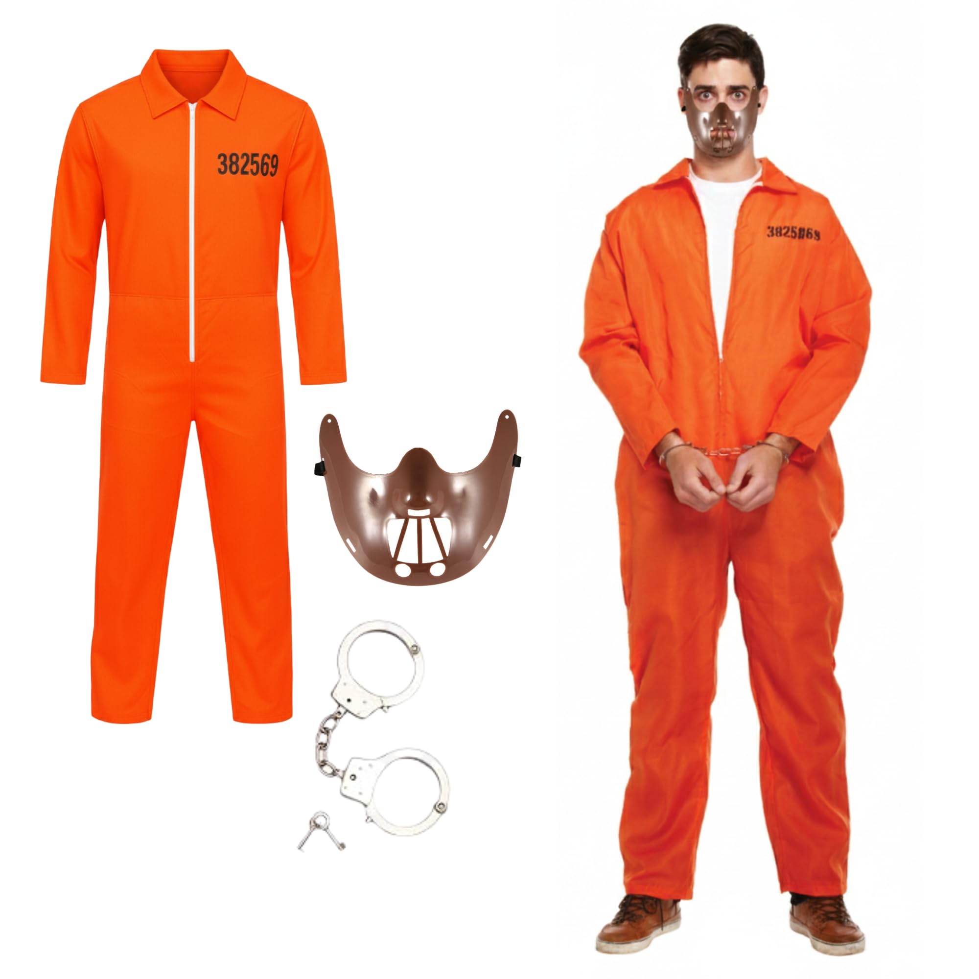 FUN FABLES® Adult Orange Prisoner Jumpsuit with Handcuffs & Horror Hannibal Face Mask | Men’s Halloween Inmate Costume Outfit for Scary Fancy Dress & Parties