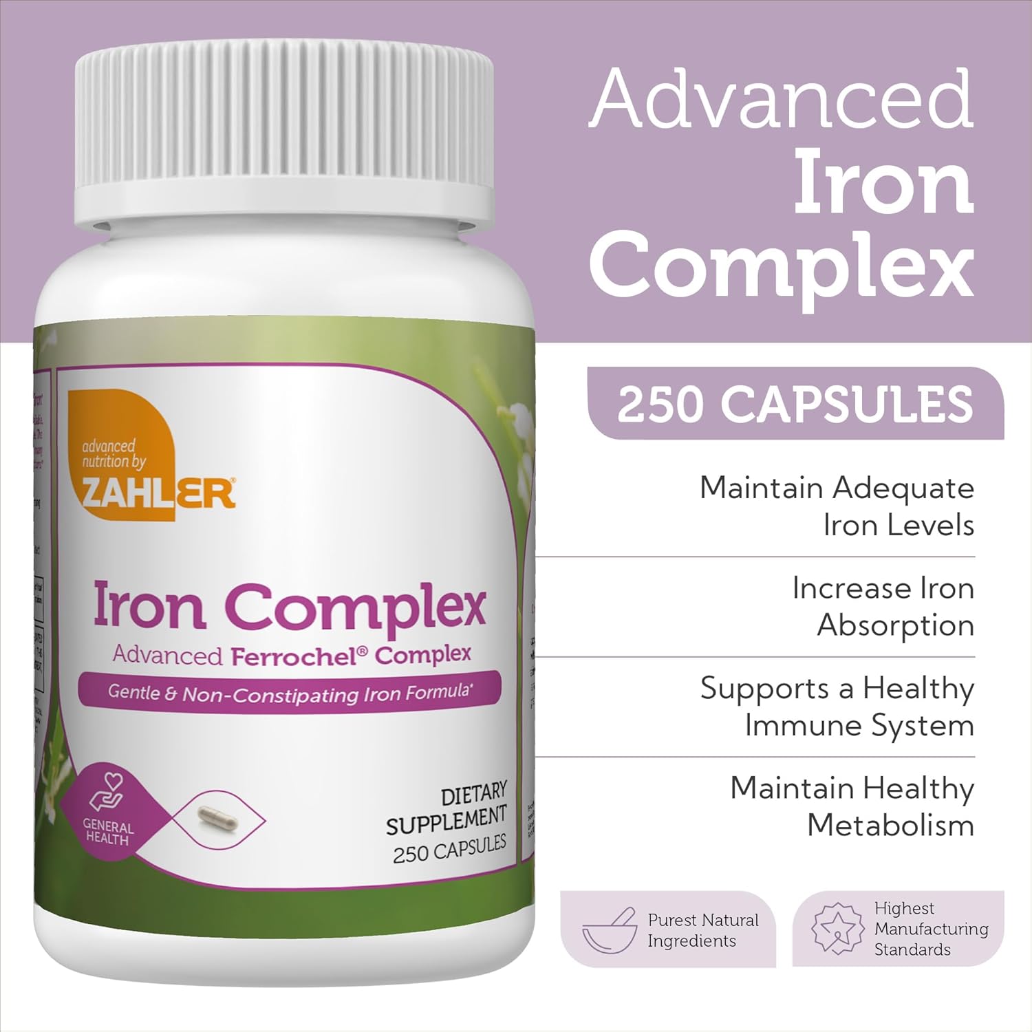 Zahler Iron Complex, Gentle & Non-Constipating Iron Formula, 250 Capsules