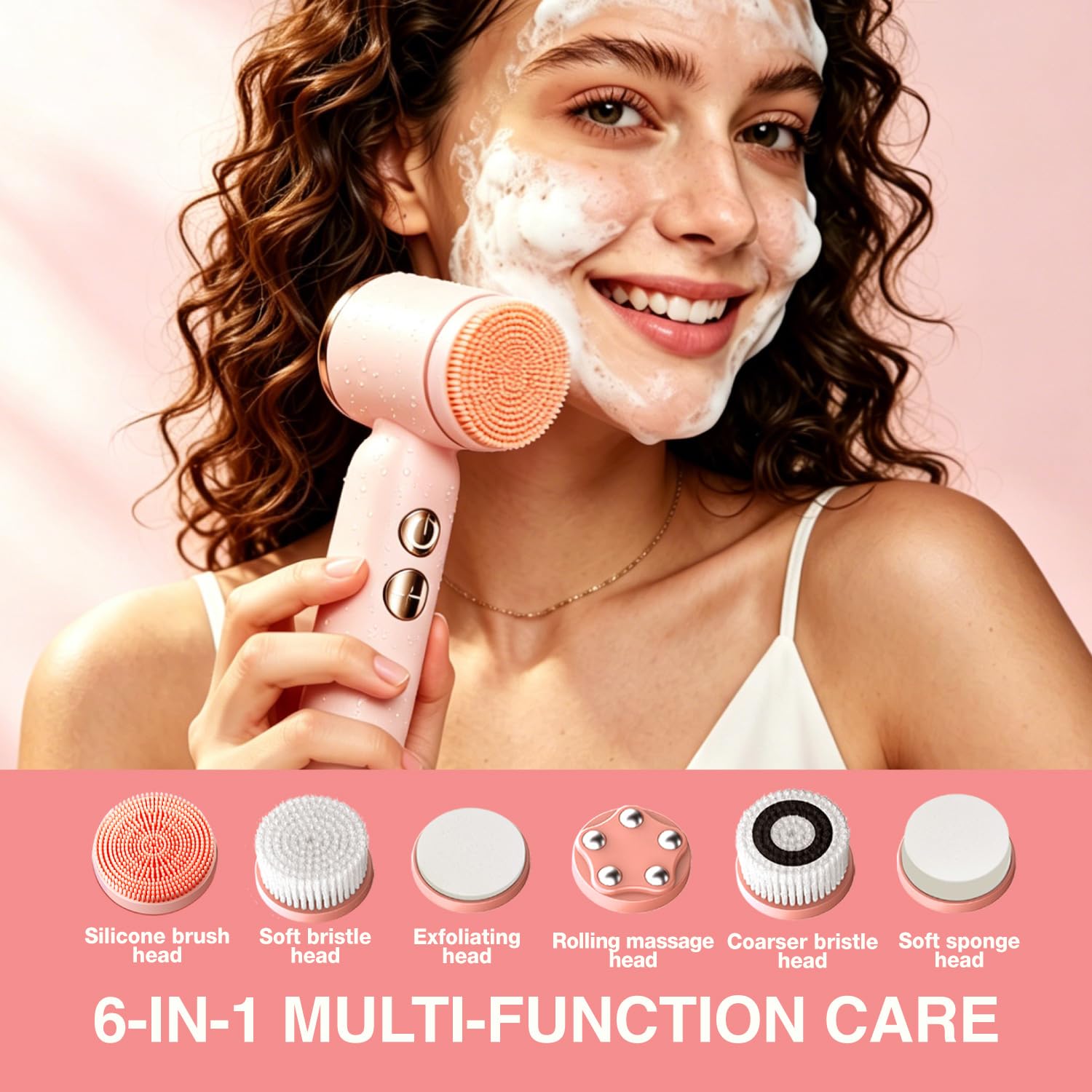 Facial Ceansing Brush with Led Display - 6-in-1 Exfoliating Kit, 3 Speeds, IPX6 Waterproof Electric Face Wash Brush for Deep Cleaning, Massage & Gentle Exfoliation-Milk White