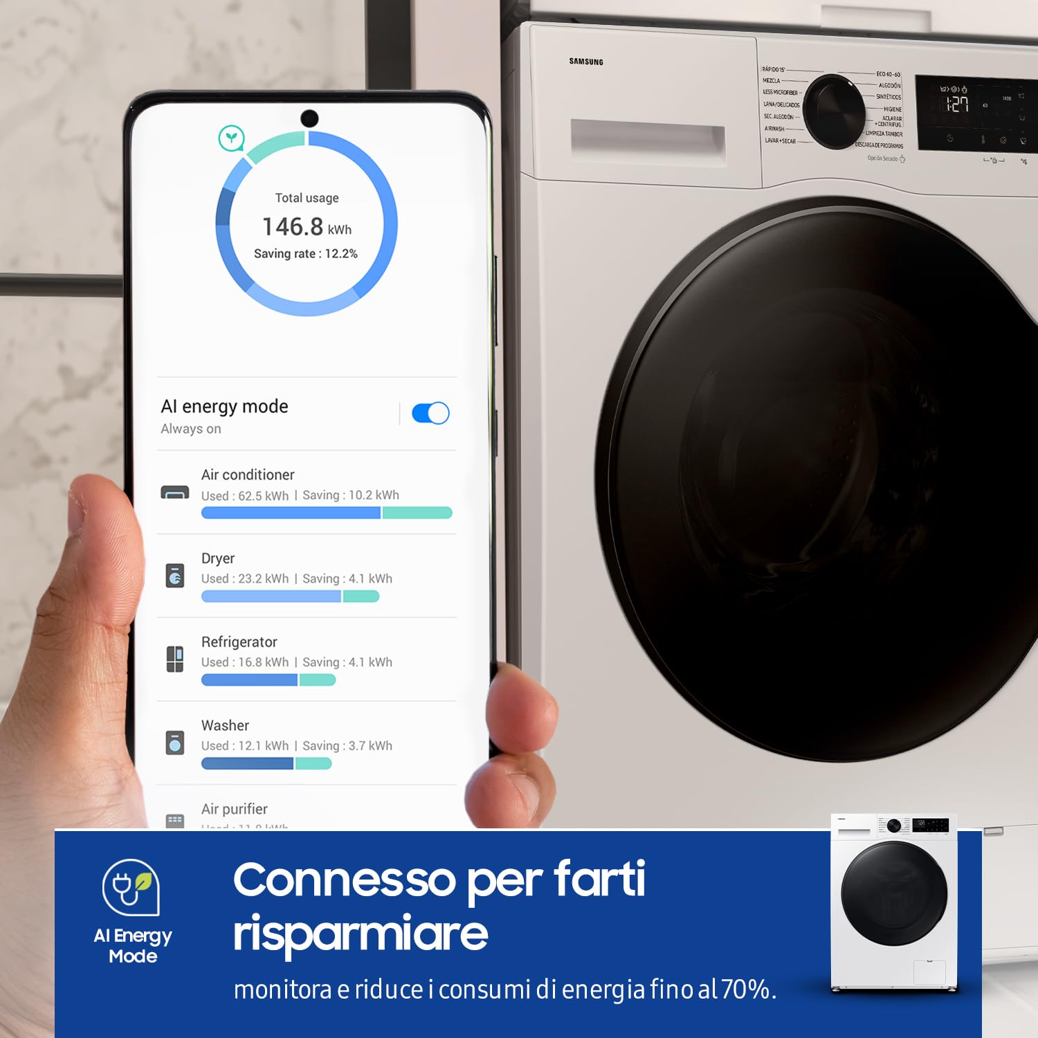 Samsung Lavasciuga Crystal WiFi WD90DG5B15BEET, 9+6 kg, Wifi, AI Ecobubble, Vapore Igienizzante, AI Energy Mode, Carica Frontale, 60L x 85H x 60P cm