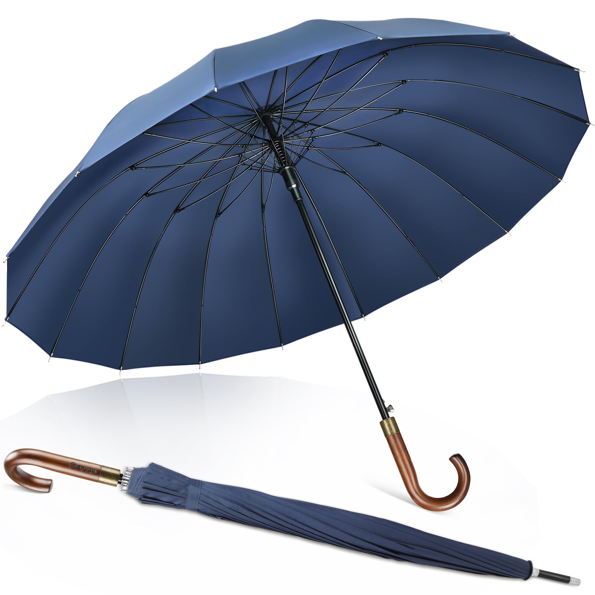 ZOMAKE Parapluie Canne 12 Côtes / 16 Côtes,120 cm Grand Parapluies Manche Bois,XXL Ombrelle Solide Tempete Résistant 2 Personnes,Umbrella Golf Automatique Homme Femme