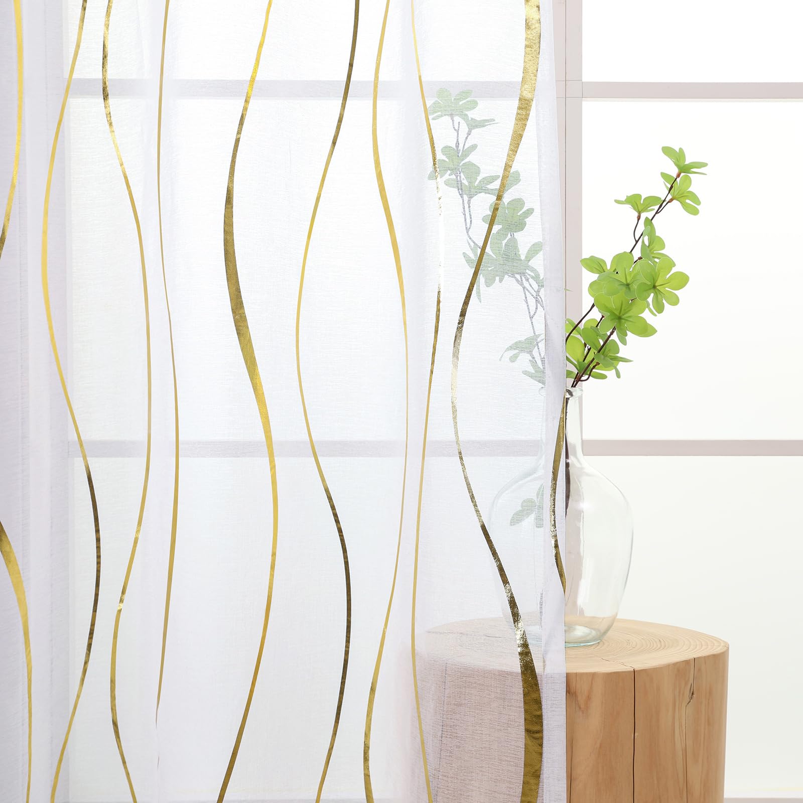 L.Z.E LZE2250E-G245 - Cortinas transparentes con diseño ondulado para salón, dormitorio, estudio, juego de 2 unidades, cortinas decorativas con ojales, 245 cm de largo