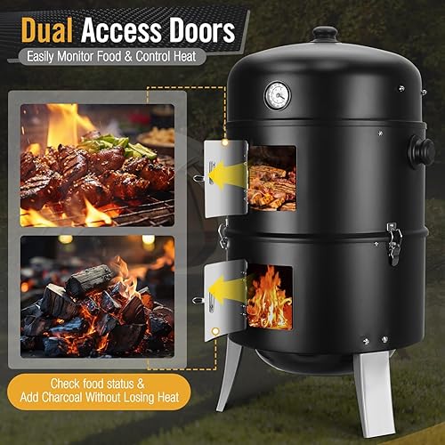 Miniatura 4 de Ahumador de carbón para carne Parrillas de carbón para barbacoa 4 en 1 resistentes de 16 pulgadas - Combo de parrilla vertical para ahumar barbacoa