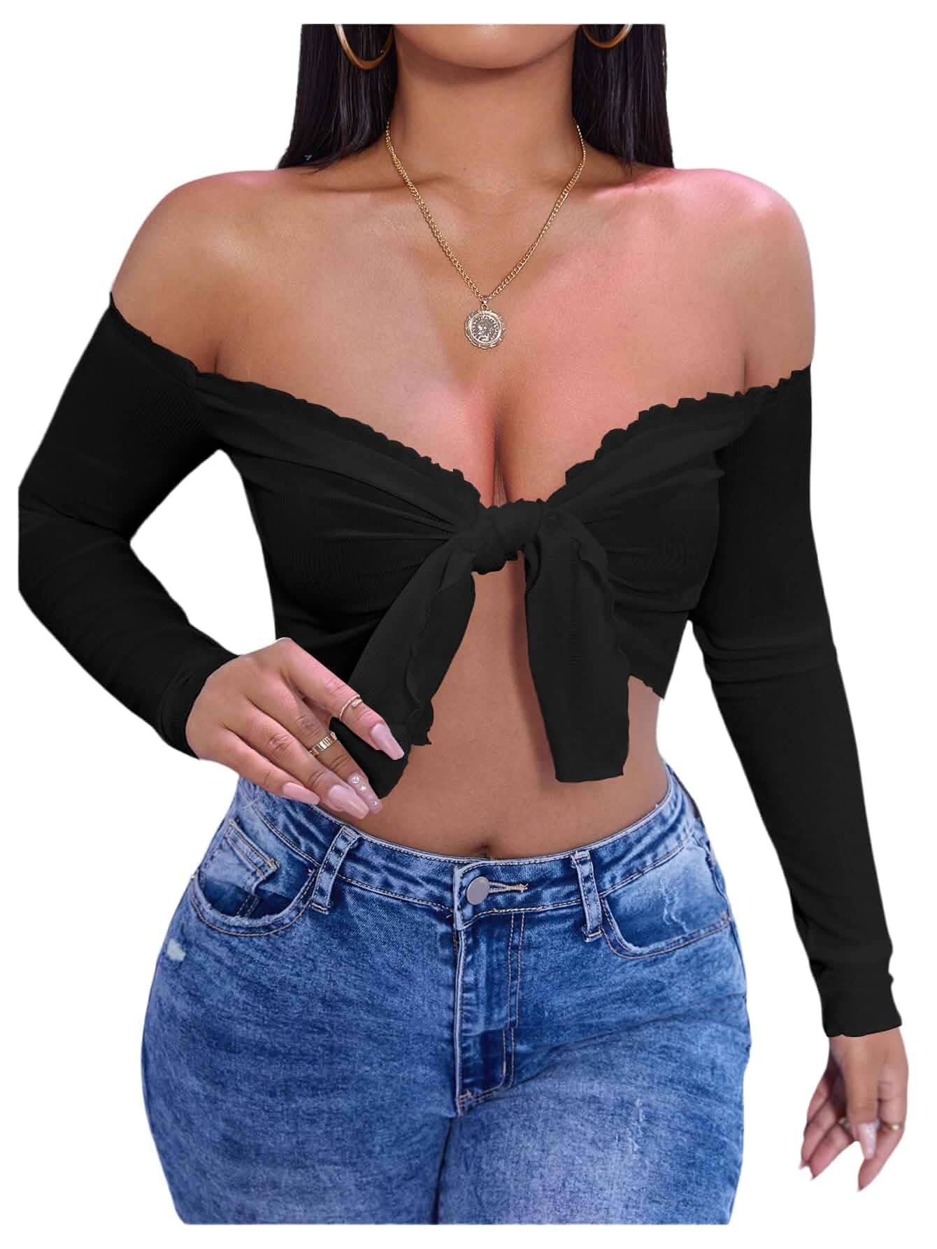 WDIRARA Women's Off Shoulder Tie Front Ruffle Crop Top Lettuce Trim, Knot, Long Sleeve, Cold Shoulder, Sexy, Solid Color, 2 In 1 Wearable As Outerwear And Top