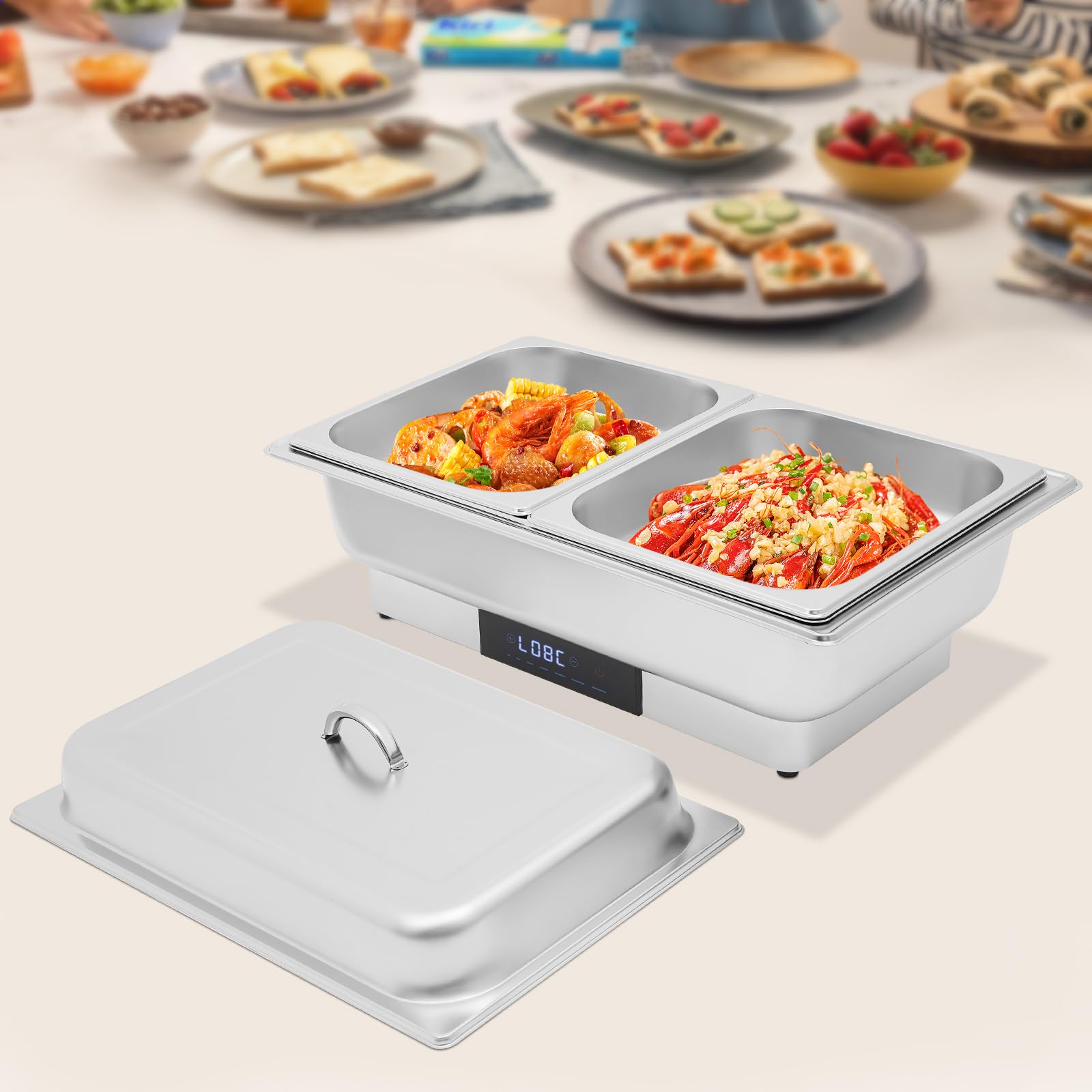 Chafing Dish elettrico in acciaio inox da 9 l, con coperchio e touch screen digitale, per buffet, 35-90 °C, per ristoranti e feste, 56 x 26 x 36 cm (1 scomparto + 2 piccoli scomparti, 9 l)