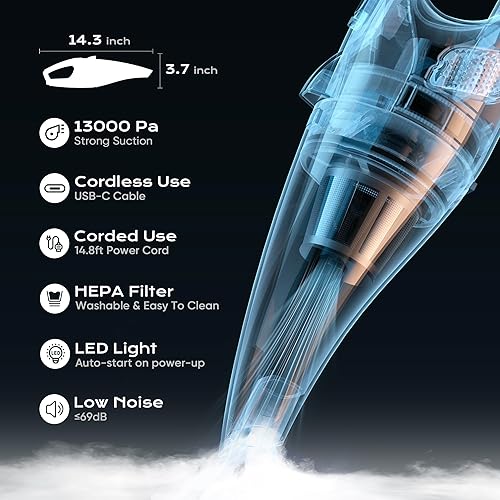 Miniatura 2 de Aspiradora de mano inalámbrica, 13000 Pa Aspiradora de coche de succión fuerte con luz LED, aspiradora de mano portátil con múltiples boquillas,