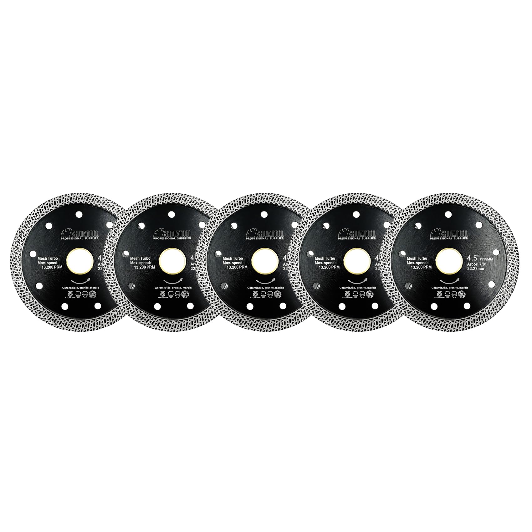 SHDIATOOL Diamentowa porcelanowa tarcza piły 5 szt. średnica 115 mm z siatką turbo segment cięcia płytki ceramiczne granit marmur (siatka 4,5 cala)