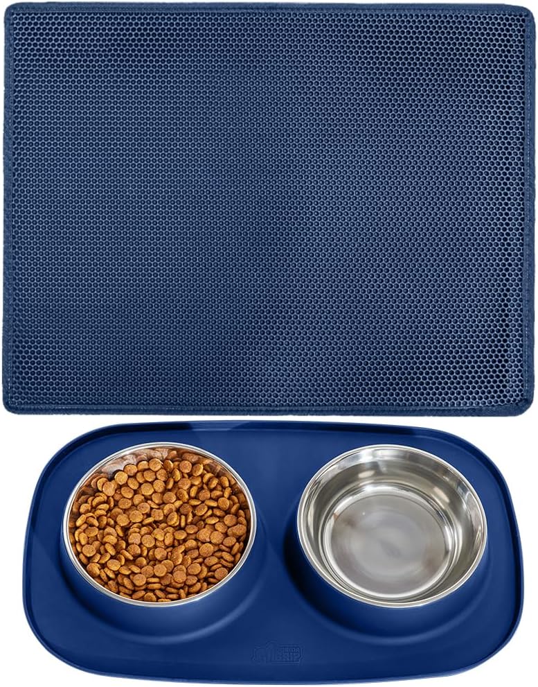 Gorilla Grip Honeycomb Cat Litter Mat and BPA Free Cat and Dog Bowls Silicone Feeding Mat, Mat Size 30x24, Water Resistant, Bowl 1 Cup, Waterproof, Both Color Navy, 2 Item Bundle