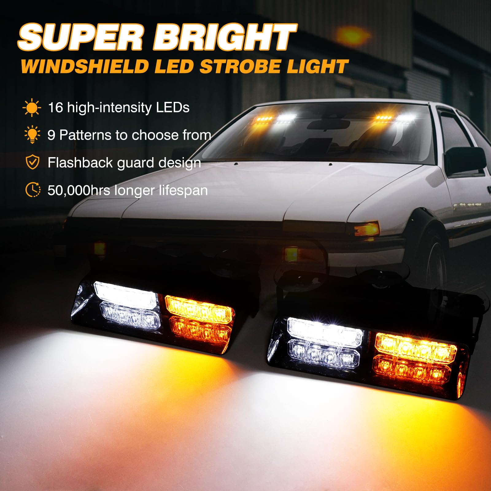 Luci stroboscopiche 2 in 1 per parabrezza, 12 V, 2 luci stroboscopiche di emergenza da 18 cm, con ventose, 16 LED, 18 modalità lampeggianti, barra per auto e veicoli