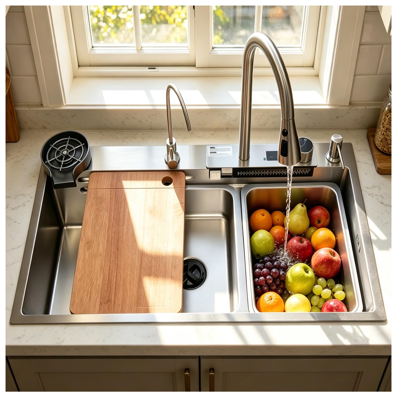 Fregadero en Cascada 1 Seno Grande 80x50cm Plata, Acero Inoxidable Cepillado, Multifuncional