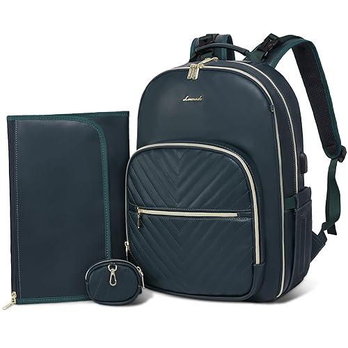 LOVEVOOK Mochila de cuero para pañales, bolsa de bebé acolchada con cambiador y soporte para chupete, bolsas de pañales de viaje impermeables con