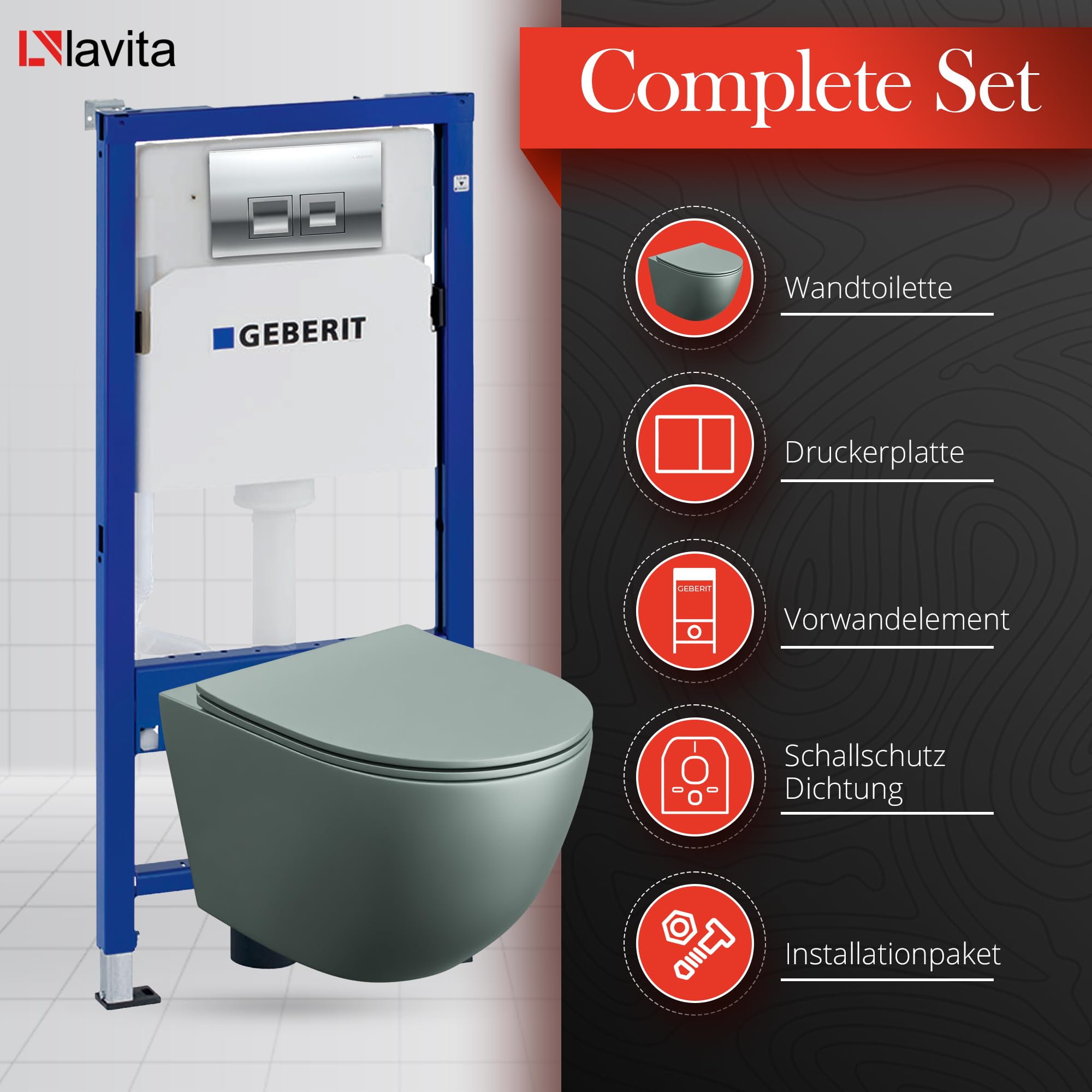 GEBERIT Duofix Basic Élément mural + chasse d'eau murale Sinto gris sans bord + siège WC + plaque de commande Delta 25 bouton chromé complet encastré