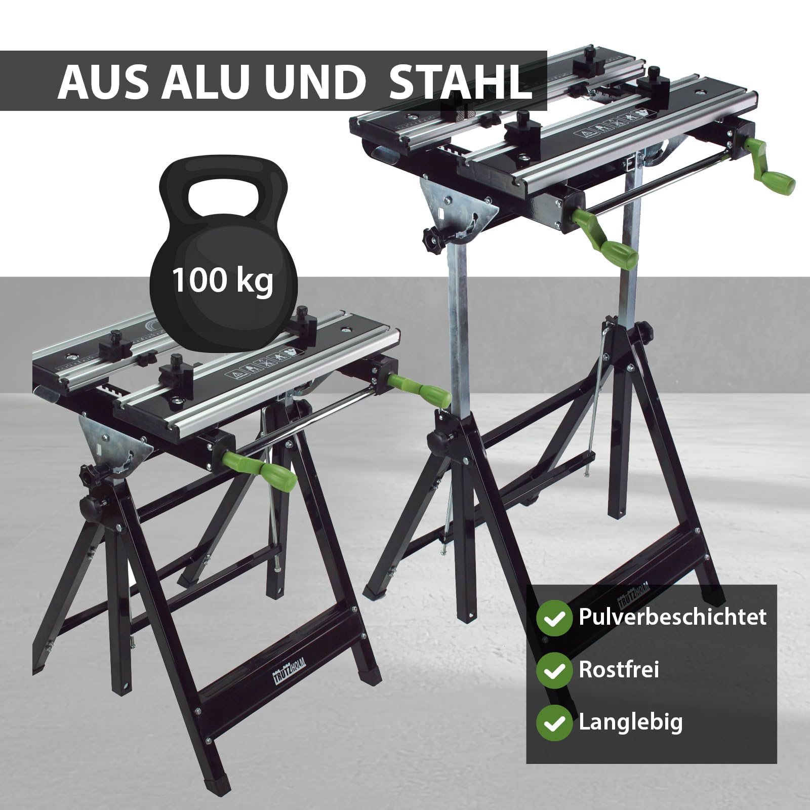 2 x TRUTZHOLM Werkbank klappbar höhenverstellbar – Premium Multifunktionswerkbank aus Alu/Stahl, 7-Fach verstellbar, 100 kg Tragkraft, mobiler Arbeitstisch für Werkstatt & Hobby