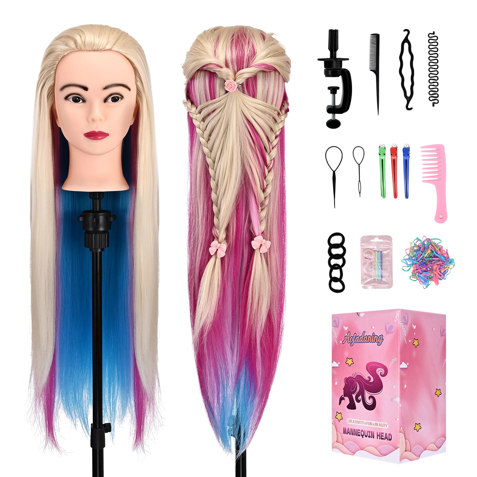28" Mannequin Head With Hair Cosmetology Manikin Practice Braiding Hair Doll Head For Hair Styling Hairdressing Head For Braiding With Free Wig Head Stand Hair Styling Tools Set (Multicolor)