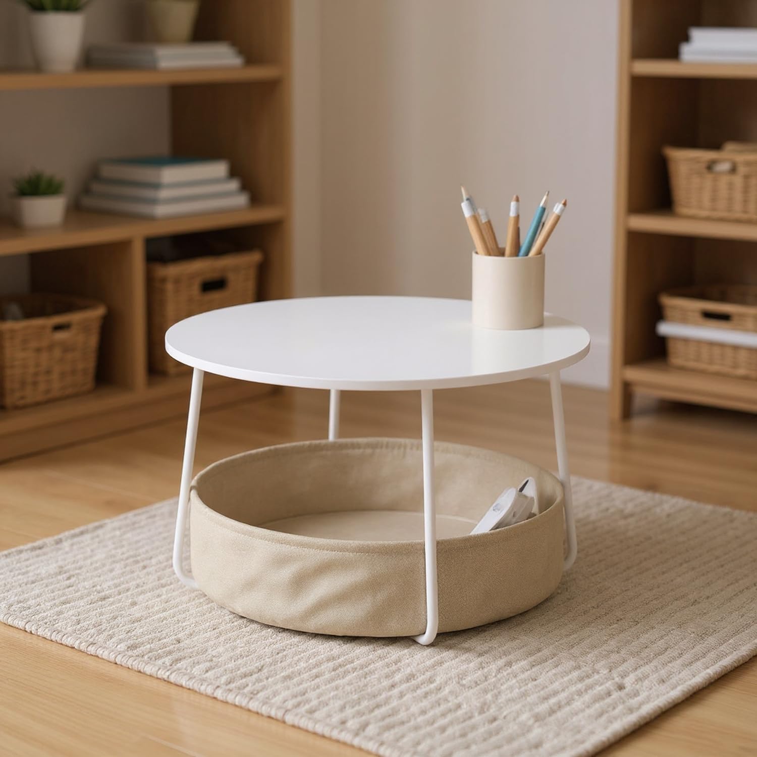 HOMYLIN Contenedor de almacenamiento de escritorio de oficina con cesta de tela, organizador compacto para artículos de papelería y archivos, color blanco
