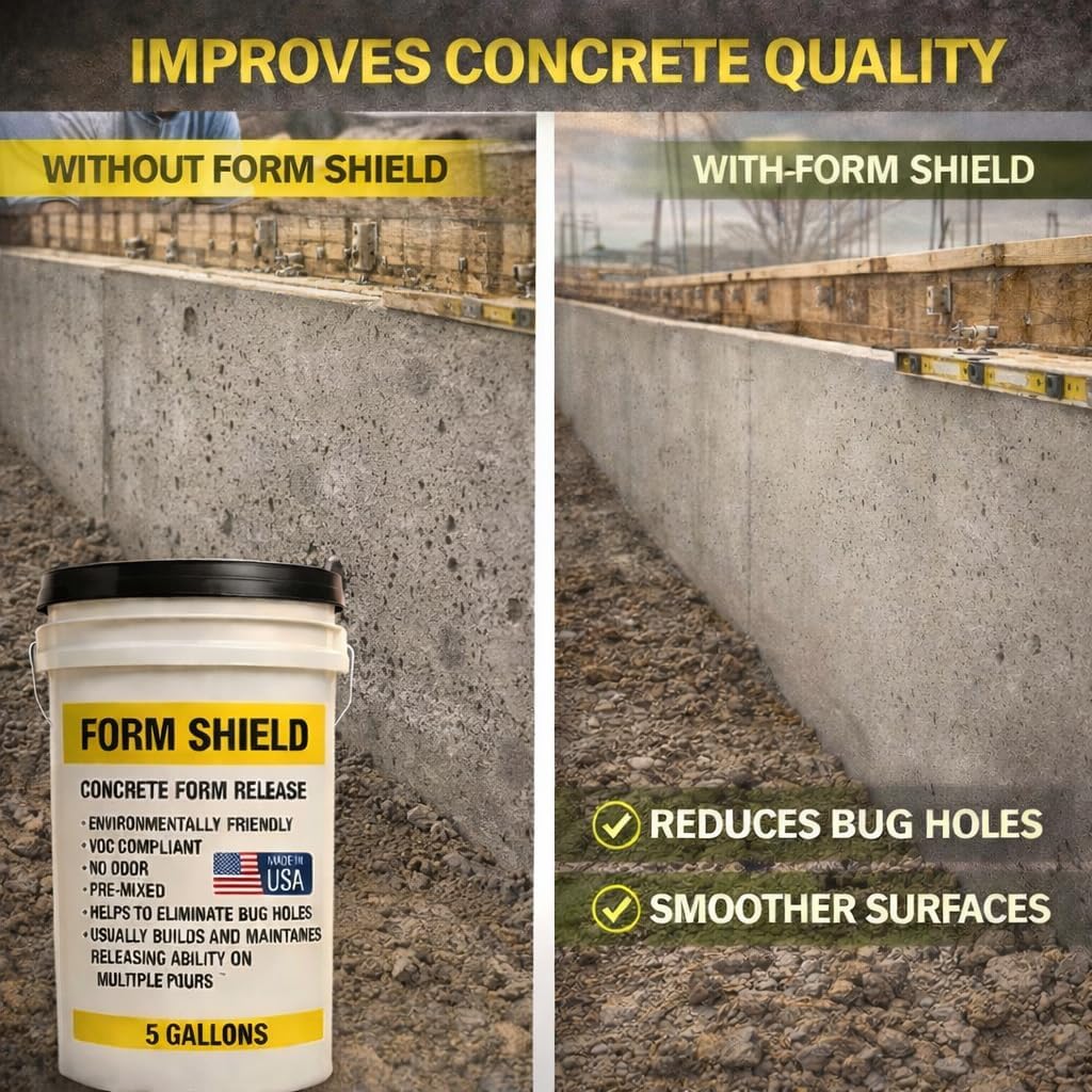 Form Shield Concrete Form Release Agent – Water-Based, VOC-Compliant, Non-Toxic Mold & Form Release for Concrete – Leaves Clean, Bug-Hole-Free Finish & Extends Form Life