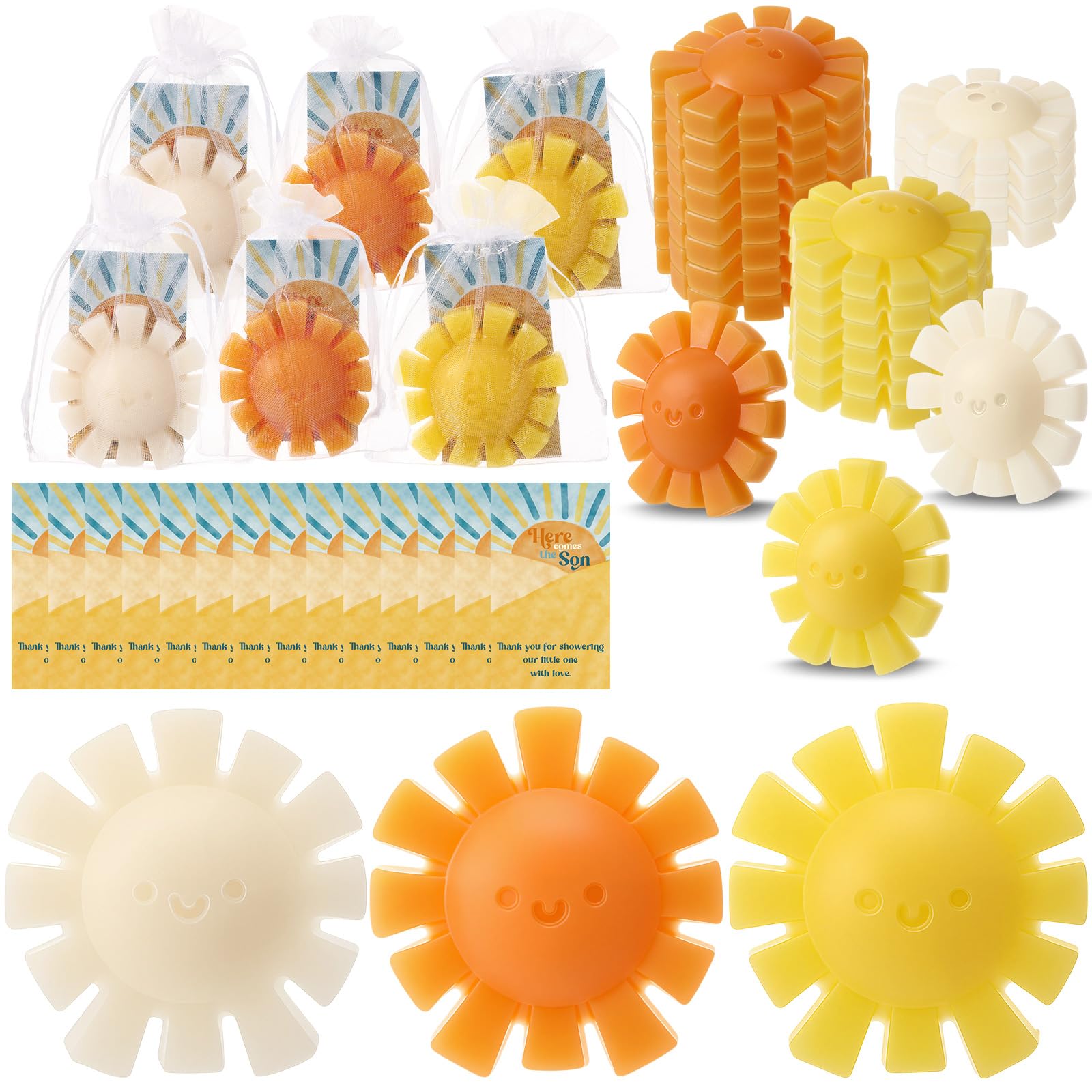 Leelosp 90 Sets mit Aufschrift "Here Comes the Son" für Babypartys, Sonnenscheinseifen, Sonne, handgefertigte Duftseife mit Dankeskarten und Organza-Beuteln für Gäste, Babyparty, Party, Spiel, Preis