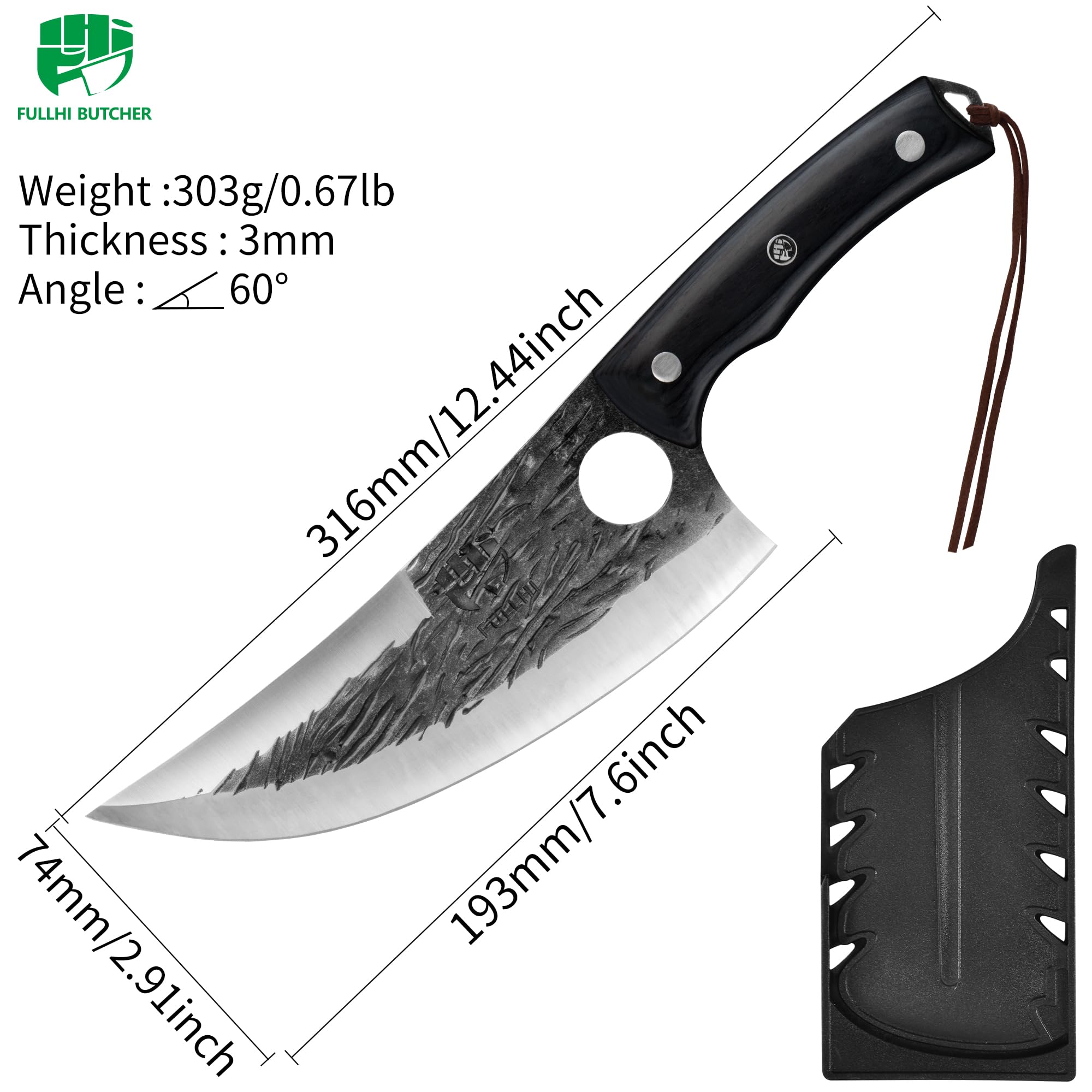FULLHI Cuchillo de carnicero con funda, cuchillo de chef Tang serbio, cuchillo para verduras con cuchilla de acero al carbono para