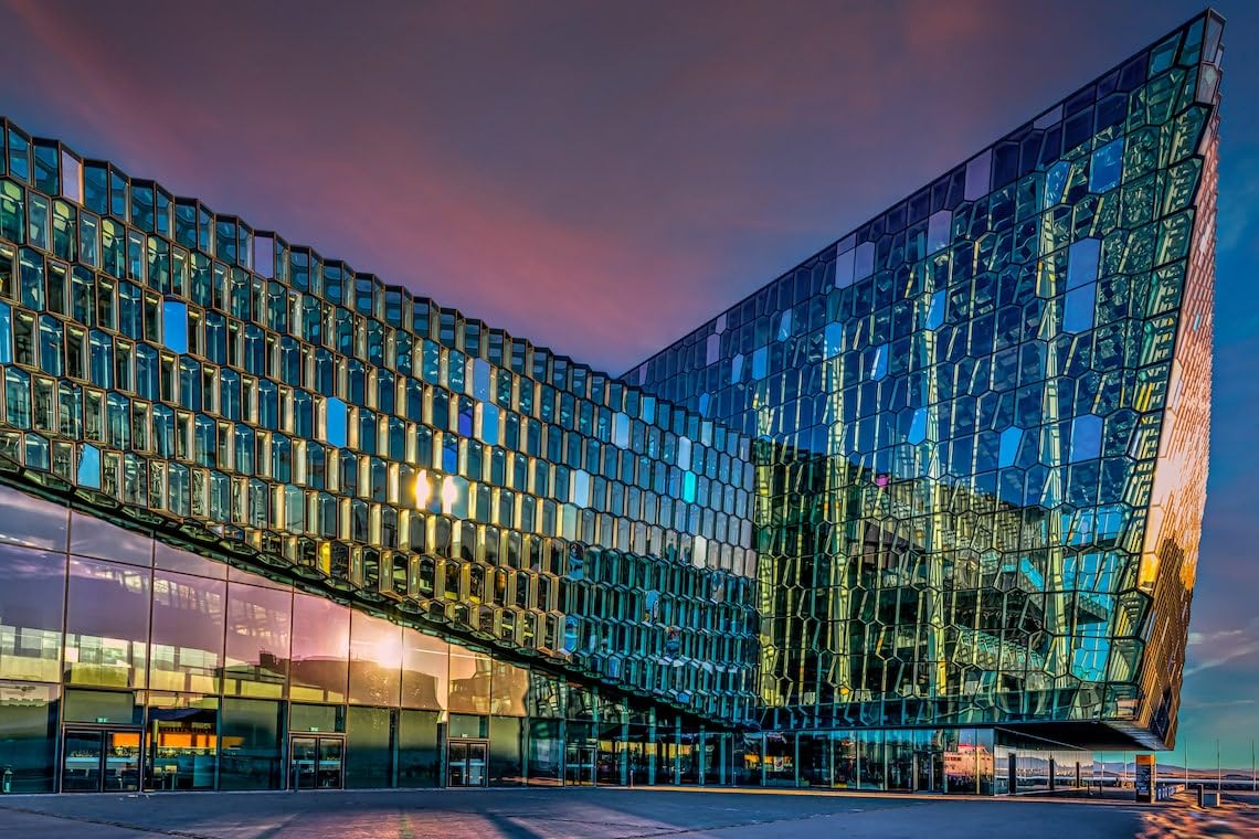 Iceland Architecture Canvas Wall Print - Harpa Concert Hall Photo Print - Reykjavik Building Artwork for Modern Office or Home Room Wall Decor (Glossy Paper, 16x20 Inches)