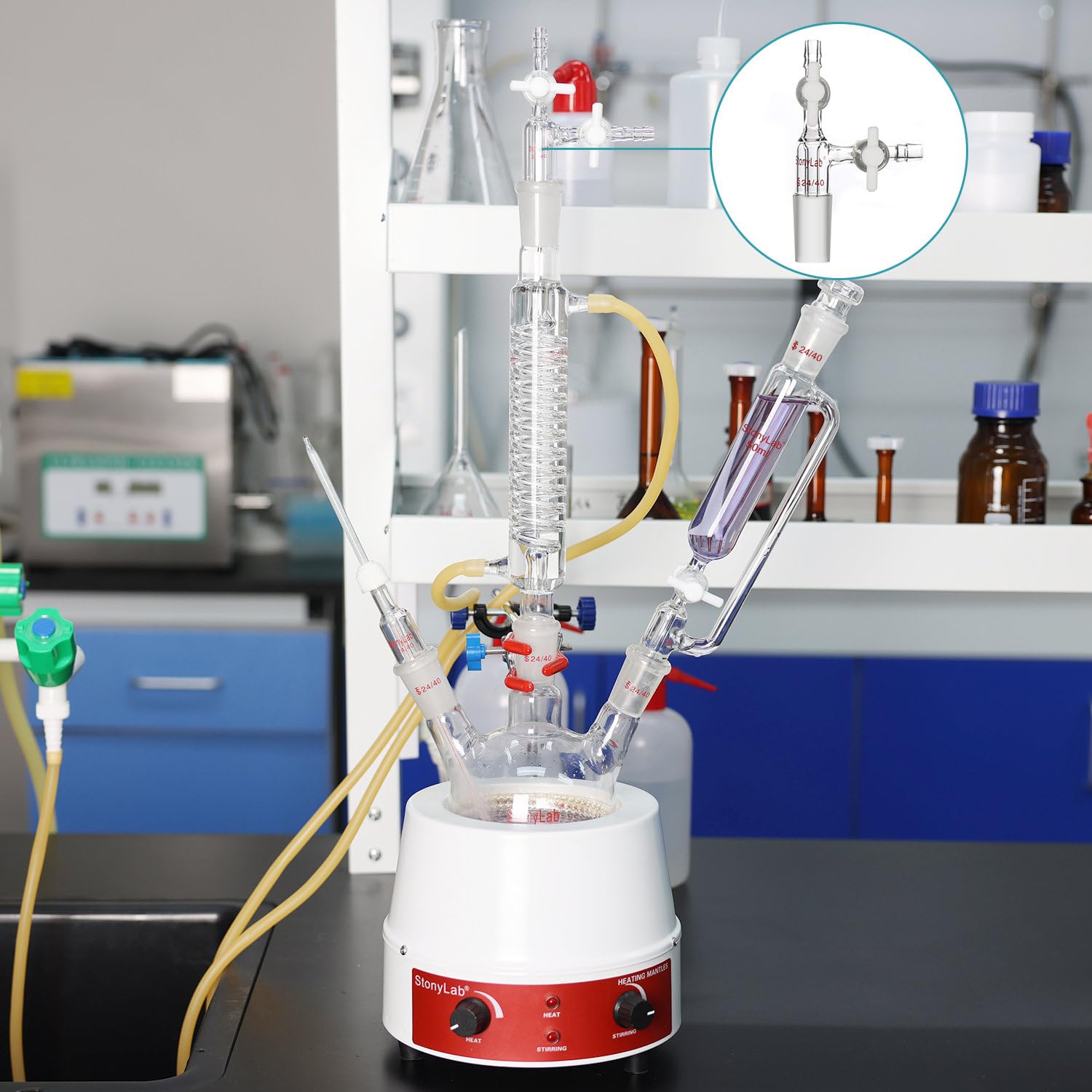 stonylab Verre Adaptateur de Laboratoire, Verre Borosilicate Transfert Adaptateur de Décollage, Vide Adapter avec Robinet en PTFE, Joint Intérieur 14/20
