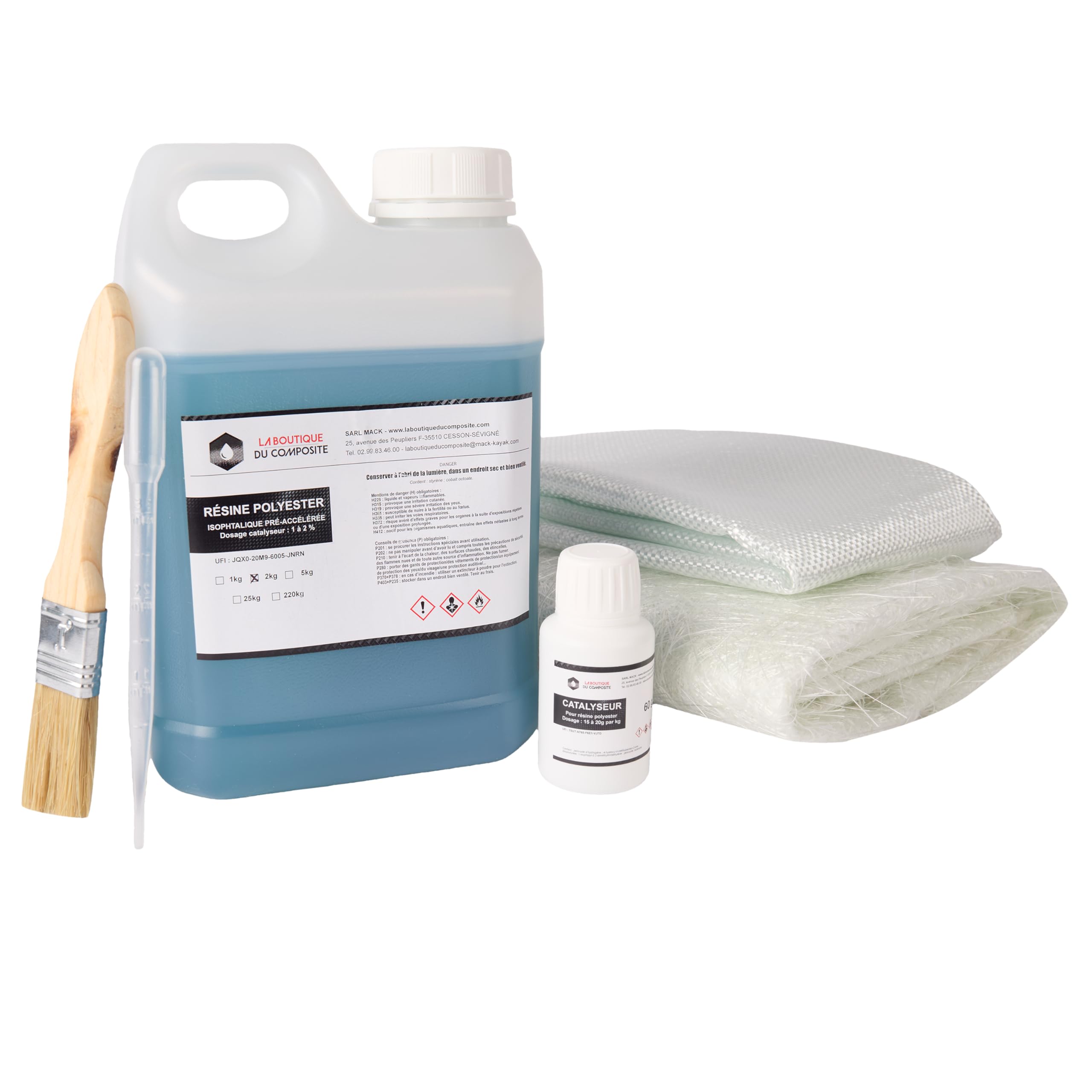 Kit Réparation Fibre de Verre Polyester 2 kg avec Catalyseur, 2 m² Mat 300 g et 2 m² Roving – Bateau, Piscine, Carrosserie