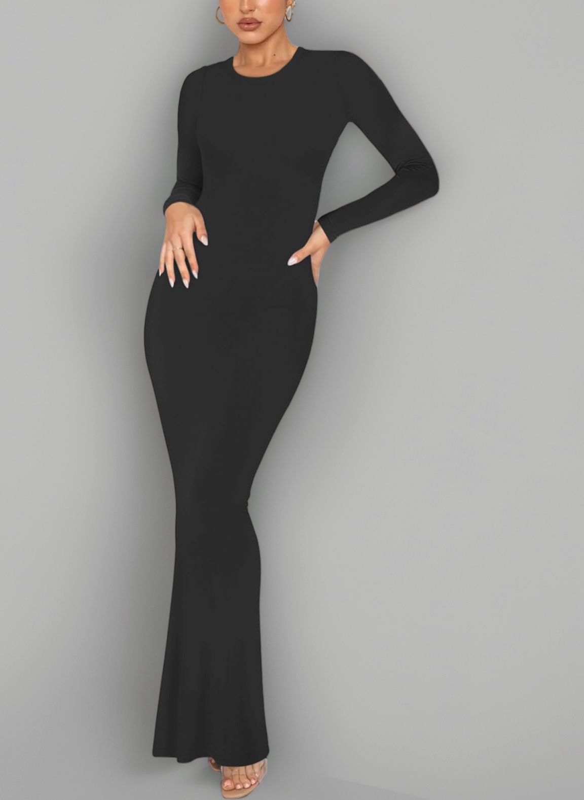 REORIA Women's Sexy Crew Neck Lounge Long Dress Elegant Long Sleeve Ribbed Bodycon Maxi Dresses