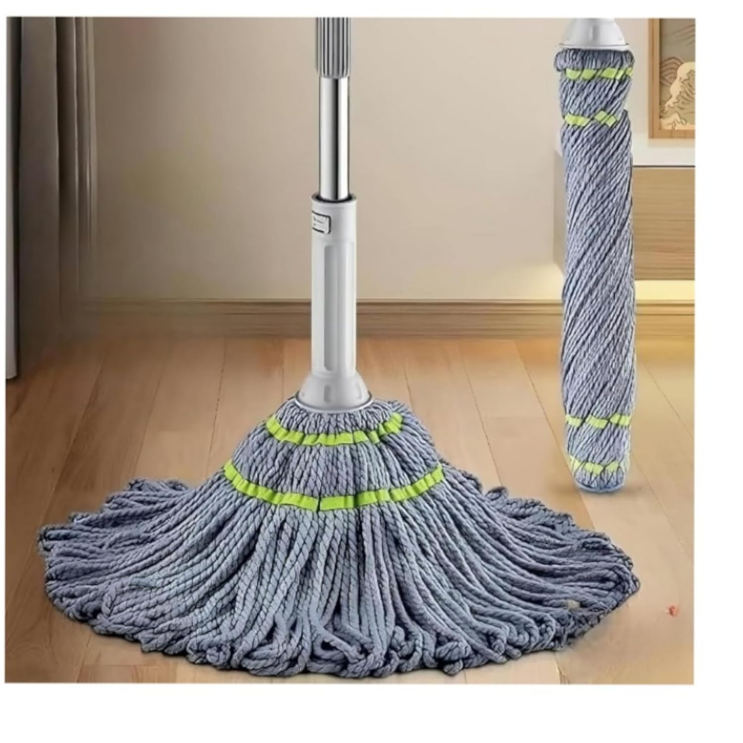 VEDASY INTERNATIONAL Microfiber Twist Mop with Extendable Handle, Grey and Neon Green Stripes, Self-Wringing