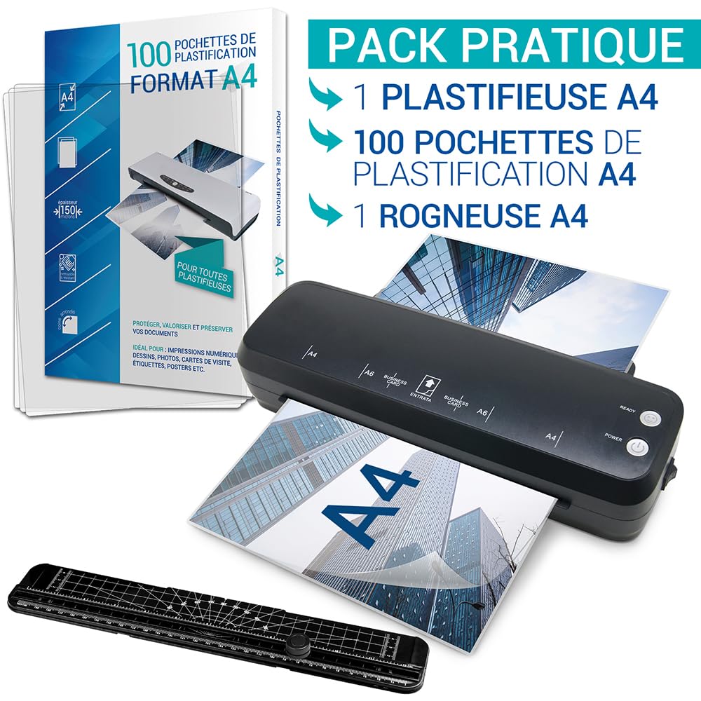 Pack Plastifieuse A4 Waytex + 100 pochettes 150 microns + 1 rogneuse A4 – Chaud/Froid, chauffe rapide, formats A4/A5/A6, vitesse 25 cm/min, levier anti bourrage
