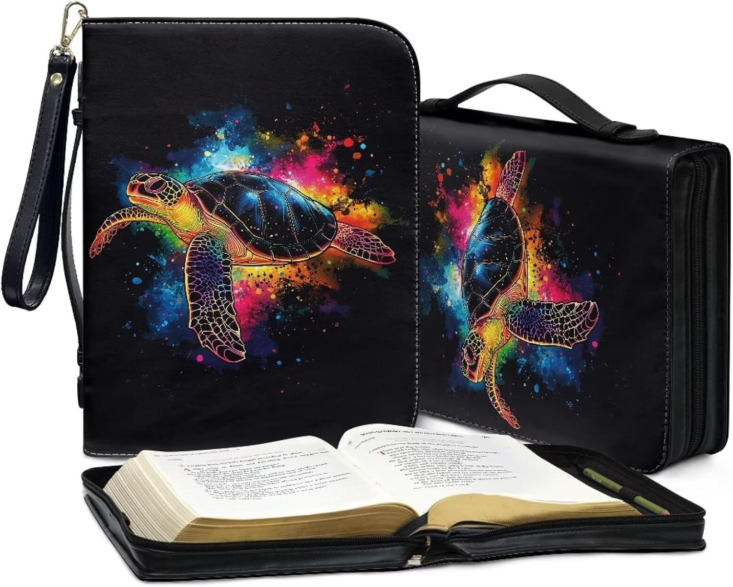 Splatter Painting Turtle Print PU Leather Bible Cover for Women Men Multifunctional Bible Book Carrying Case with Detachable Wristlet Strap Church Bag for Daily Use Bible Gift, XL