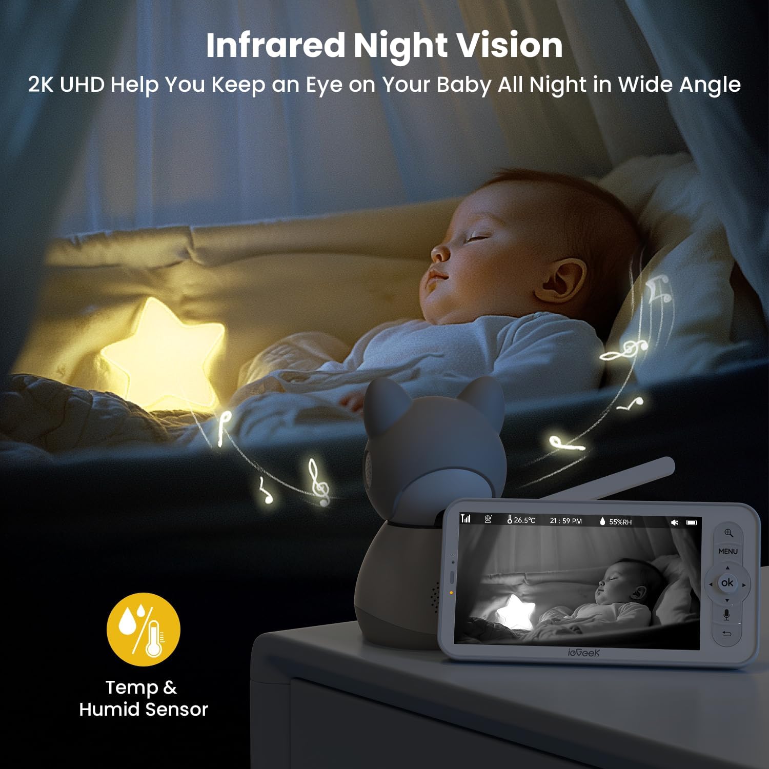 ieGeek baby monitor screen displaying a baby sleeping in a crib with infrared night vision activated.