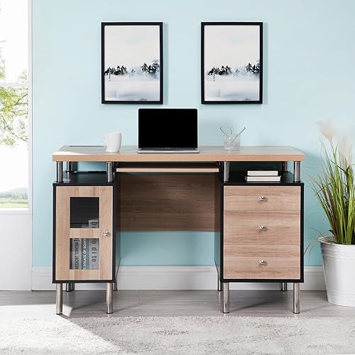 Miniatura 9 de Elani - Archivador de 2 cajones, escritorio de dos tonos con bandeja para teclado, tomas de corriente, estación de carga de puertos USB, patas de