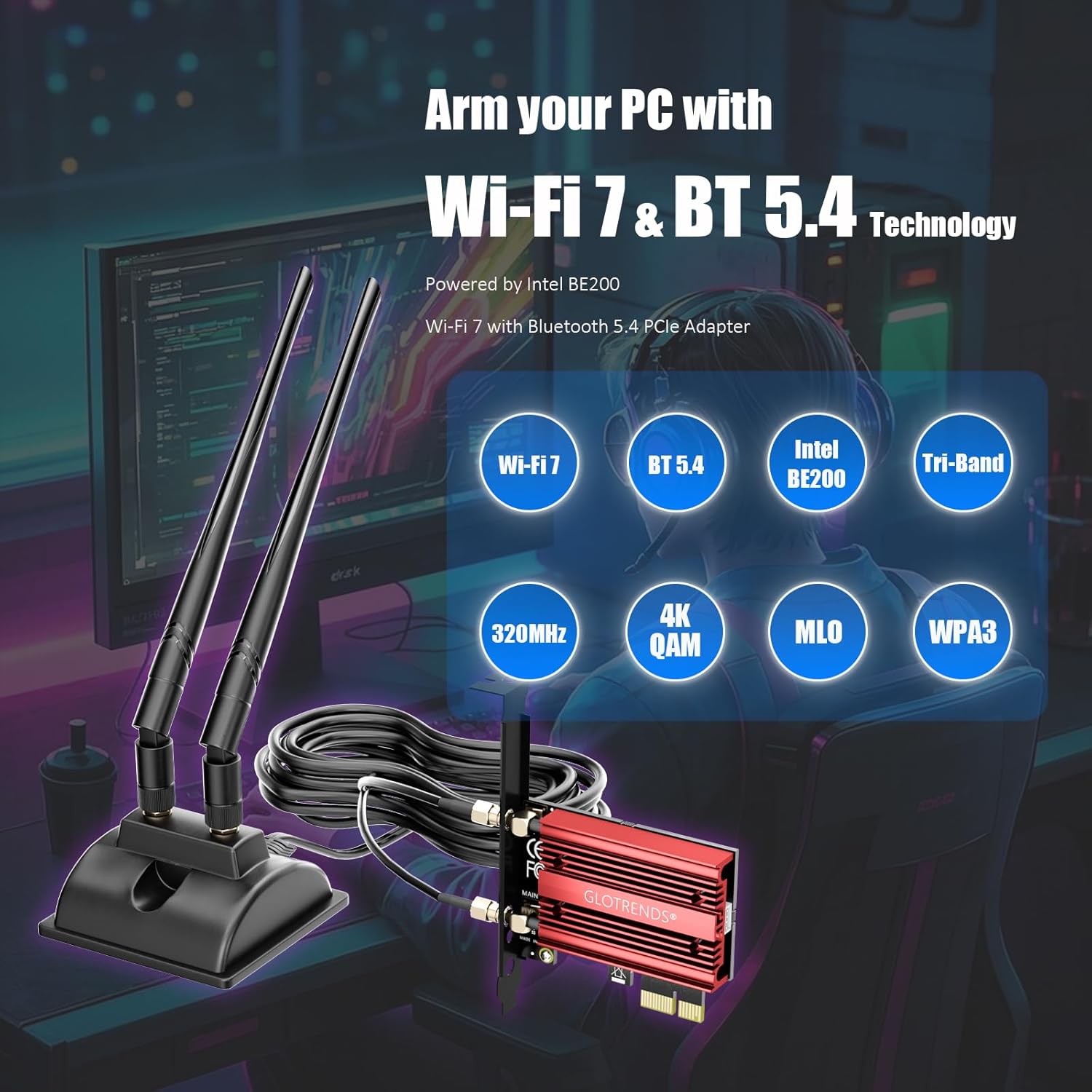 GLOTRENDS WiFi 7 PCIe Card with 2-Meter Extension Antenna for Desktop PC, Intel BE200NGW, Only Compatible with Windows 11 24H2 or Above Version (Not Support AMD Motherboard)