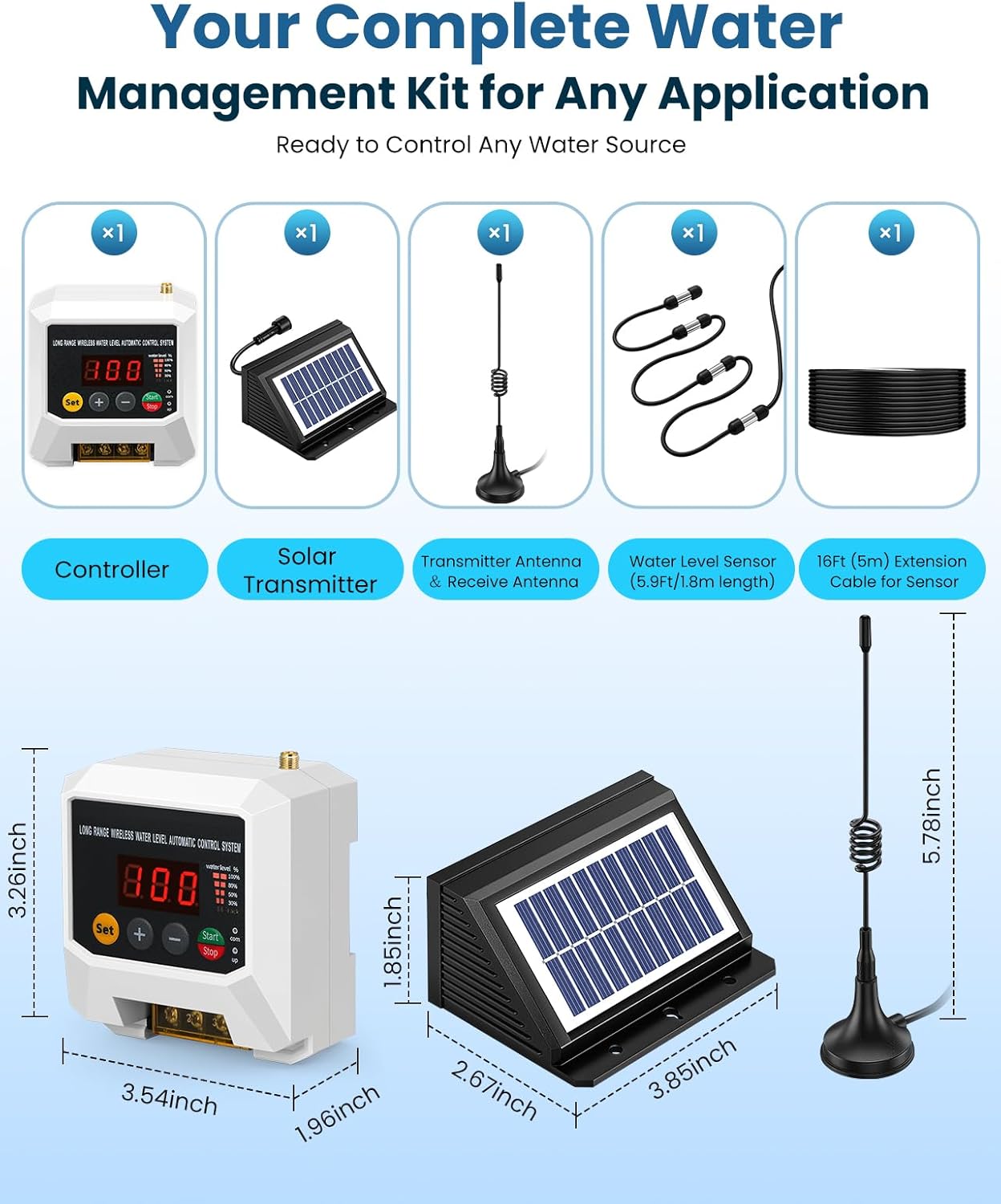 Smart Wireless Water Level Controller, 9842ft Long Range & Auto Pump Control System with LCD, IP68, 5-Sensor, for Well Tank Pool Irrigation