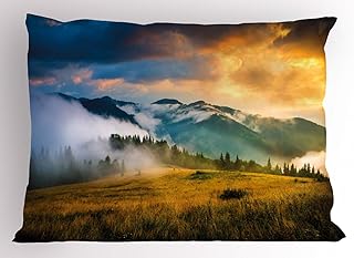 Ambesonne Landscape Pillow Sham, Rural Scenery Sunrise Misty Mountains Clouds Trees Wildgrass Field Photo, Decorative Standard Queen Size Printed Pillowcase, 30
