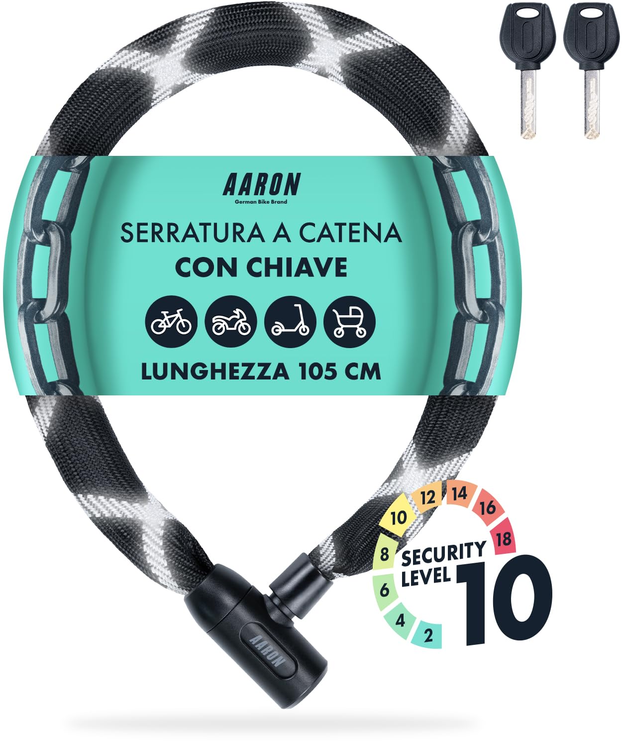 AARON Cobra - Lucchetto per bicicletta con chiave, 100 cm, in acciaio e alto livello di sicurezza, serratura per e-bike, mountain bike, trekking, bici da corsa, colore nero