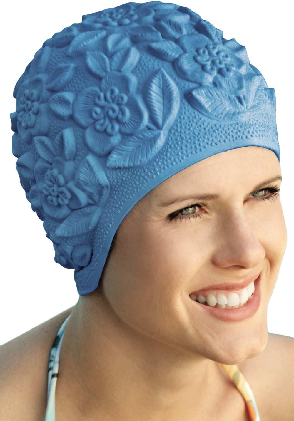 Retro Bathing Caps for Women: Floral Molded Swim Cap Medium Blue