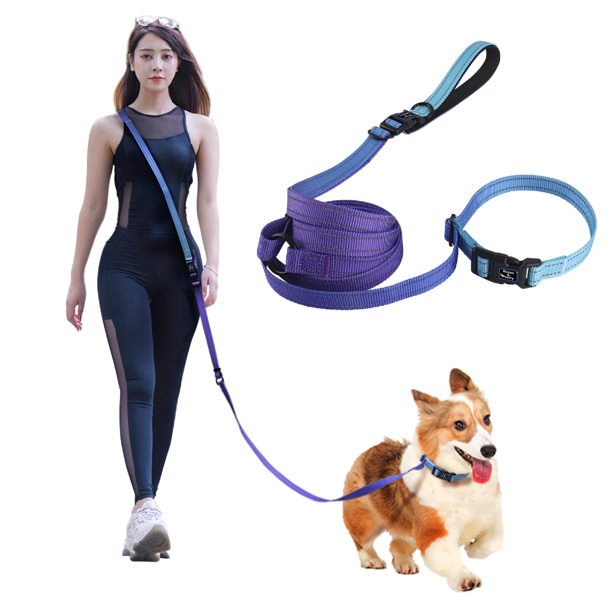 Roses&Poetry Hands Free Dog Leash for Small Dogs, All-in-One Leash & Collar 6.6-8.7ft Adjustable Waist Crossbody Leash for Dog Walking Lightweight