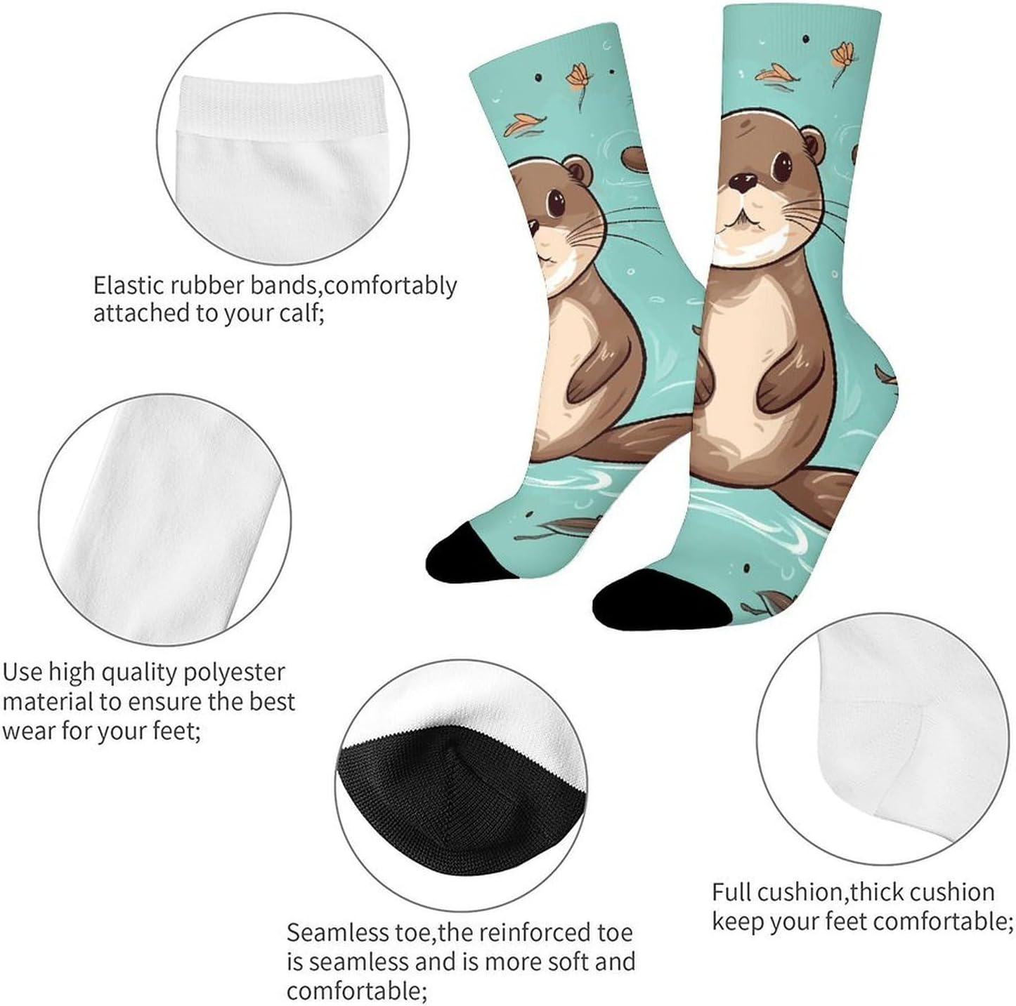 Moisture Wicking Socks, Breathable, Lightweight Crew Sock, Casual | Cartoon Cute Otter Work Socks for Women Men, Elastic Soft Boot Socks for Travel, Seamless