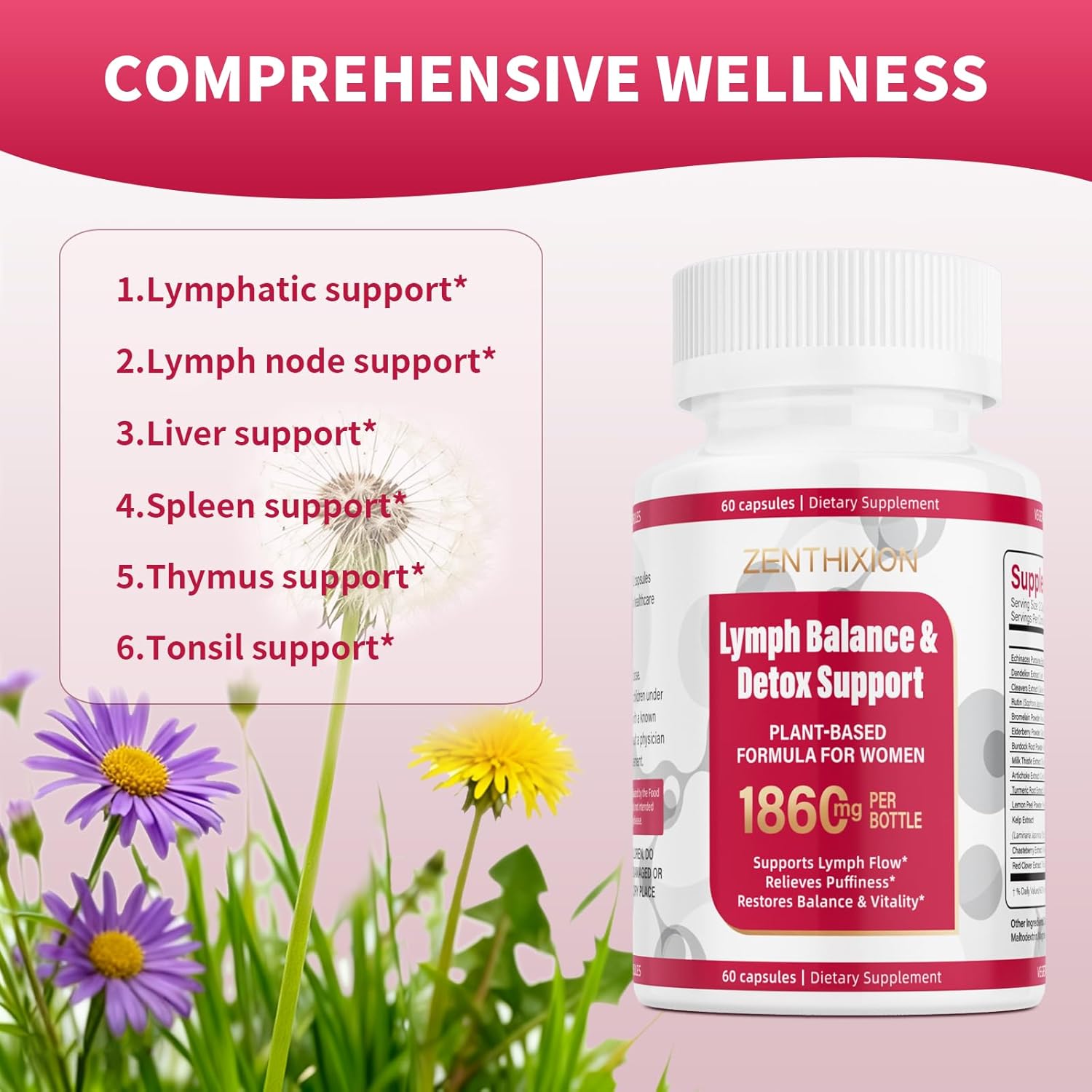 Lymphatic Drainage Supplements, 1860mg Lymph System Support Supplement for Women with Dandelion, Burdock, Echinacea, Rutin, Turmeric, Cleavers, Bromelain & More, 60 Capsules