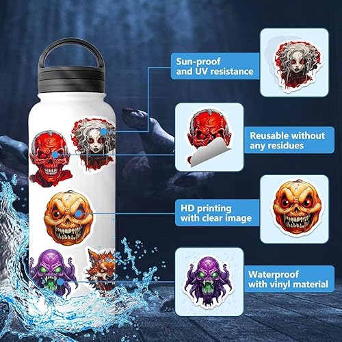Miniatura 8 de Paquete de 50 calcomanías góticas geniales. Calcomanías de calavera de terror de Halloween para adultos, niñas, adolescentes y hombres. Calcomanías