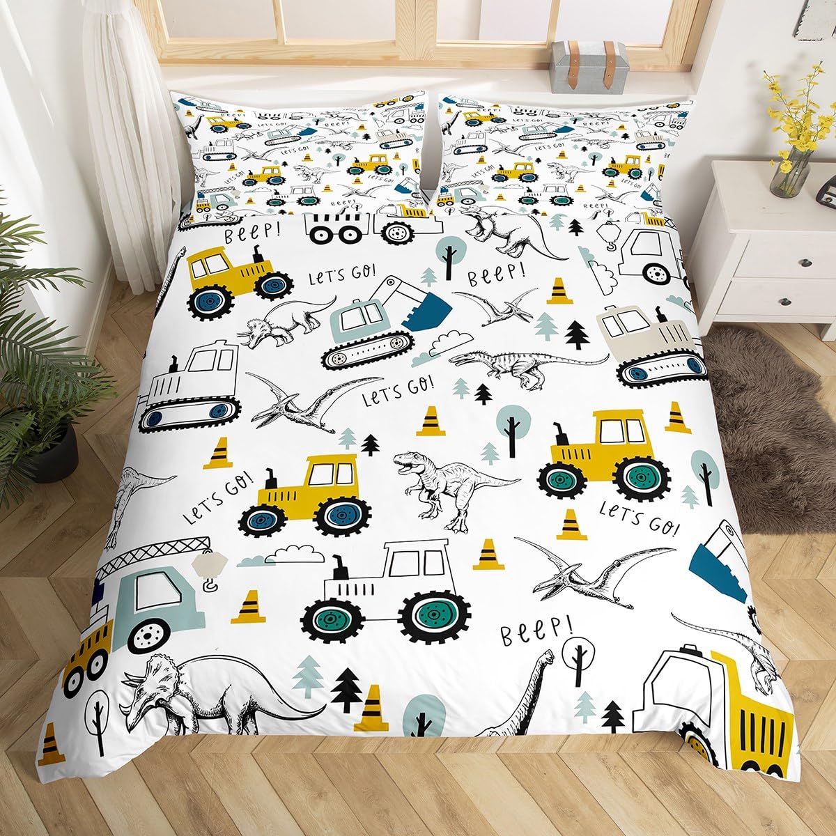 richhome Construction Bedding Set Single Size Kids Cartoon Car Excavator Tractor Toddler Comforter Cover Set Equipment Trucks Dinosaur Duvet Cover Construction Vehicles White Yellow Bedspread Cover — image 1