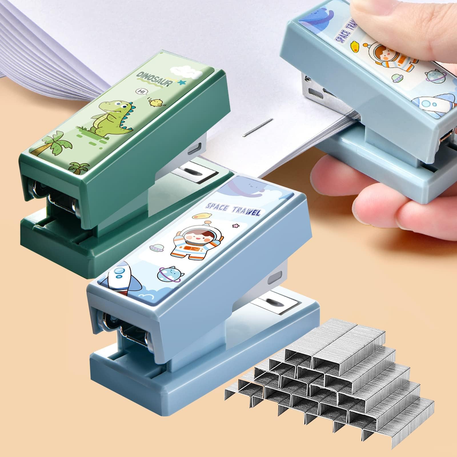 Mini Effortless Desktop Staplers, 2Pcs Portable Cute Mini Stapler with 800Pcs Standard 24/6 Staples 1-22 Sheet Capacity Kids Stapler Small Manual Staplers for Office School Student(Blue, Green)