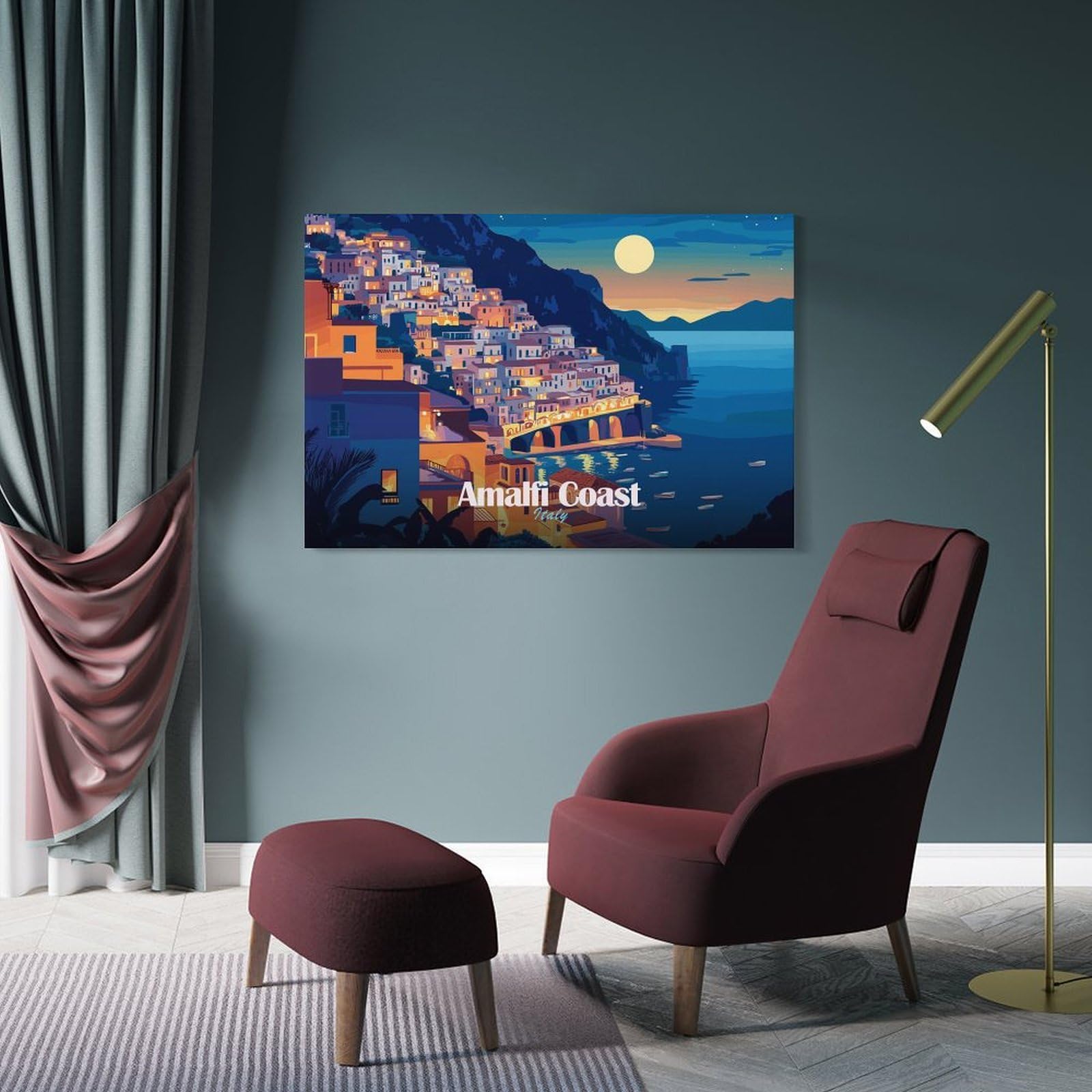 Junmoney Frame-Style-2 Amalfi Coast Italy At Night Wall Picture Print, 20X30inch(50X75cm), For New Homes, Bedrooms Or Workspaces, Thoughtful Wall Decor For Art Lovers