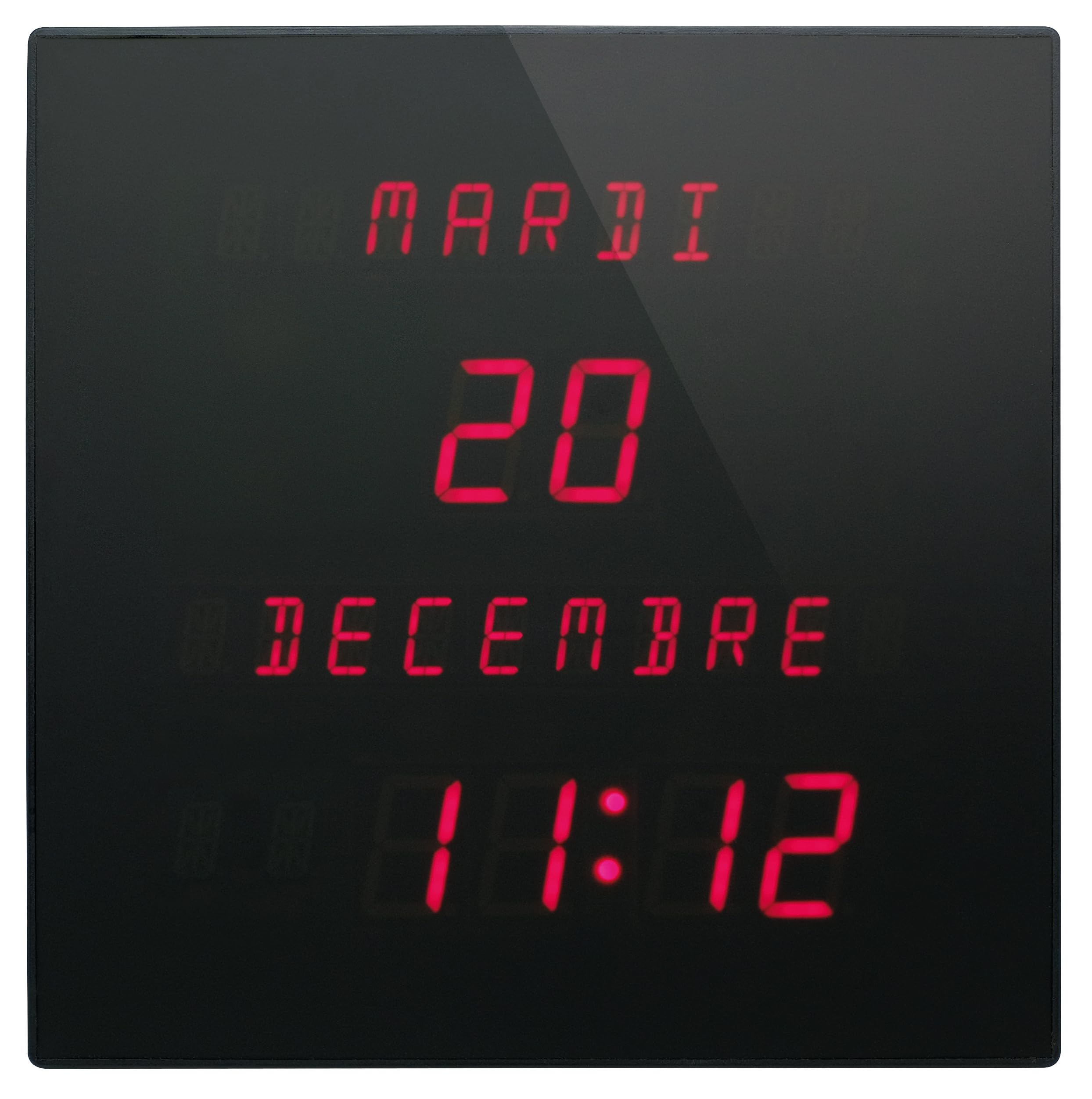 CT2828R - Orologio calendario da parete a LED rossi, ottima leggibilità, facile e veloce, visualizzazione giorno/mese in tutte le lettere, francese, inglese, spagnolo
