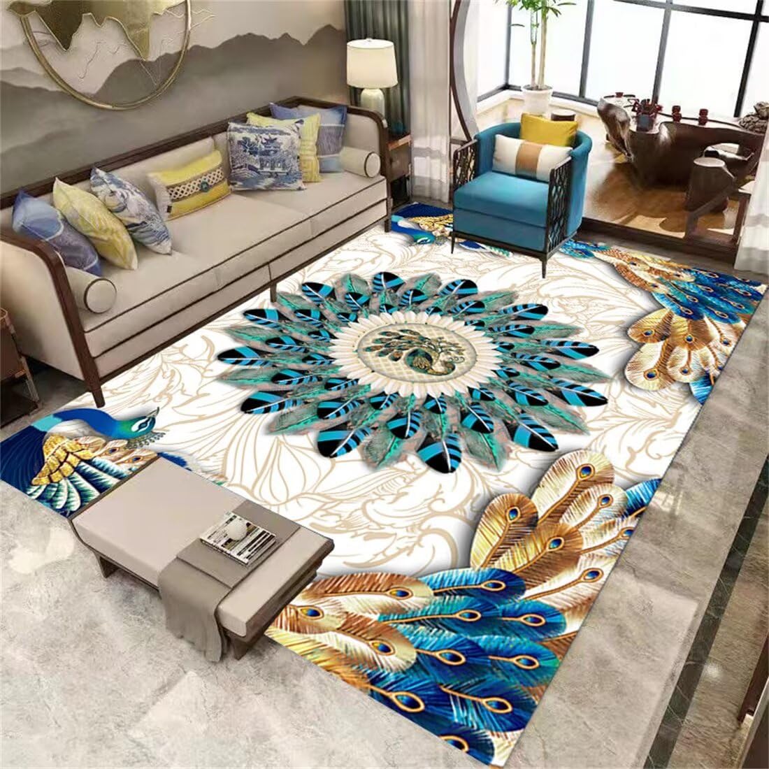 Tapis couloir restaurant et salon au motif plume bleu pour enfant fille