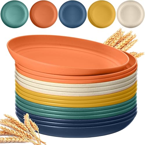 15 platos de paja de trigo de 10 pulgadas, ligeros, irrompibles, platos profundos reutilizables, aptos para microondas, vajilla para niños pequeños
