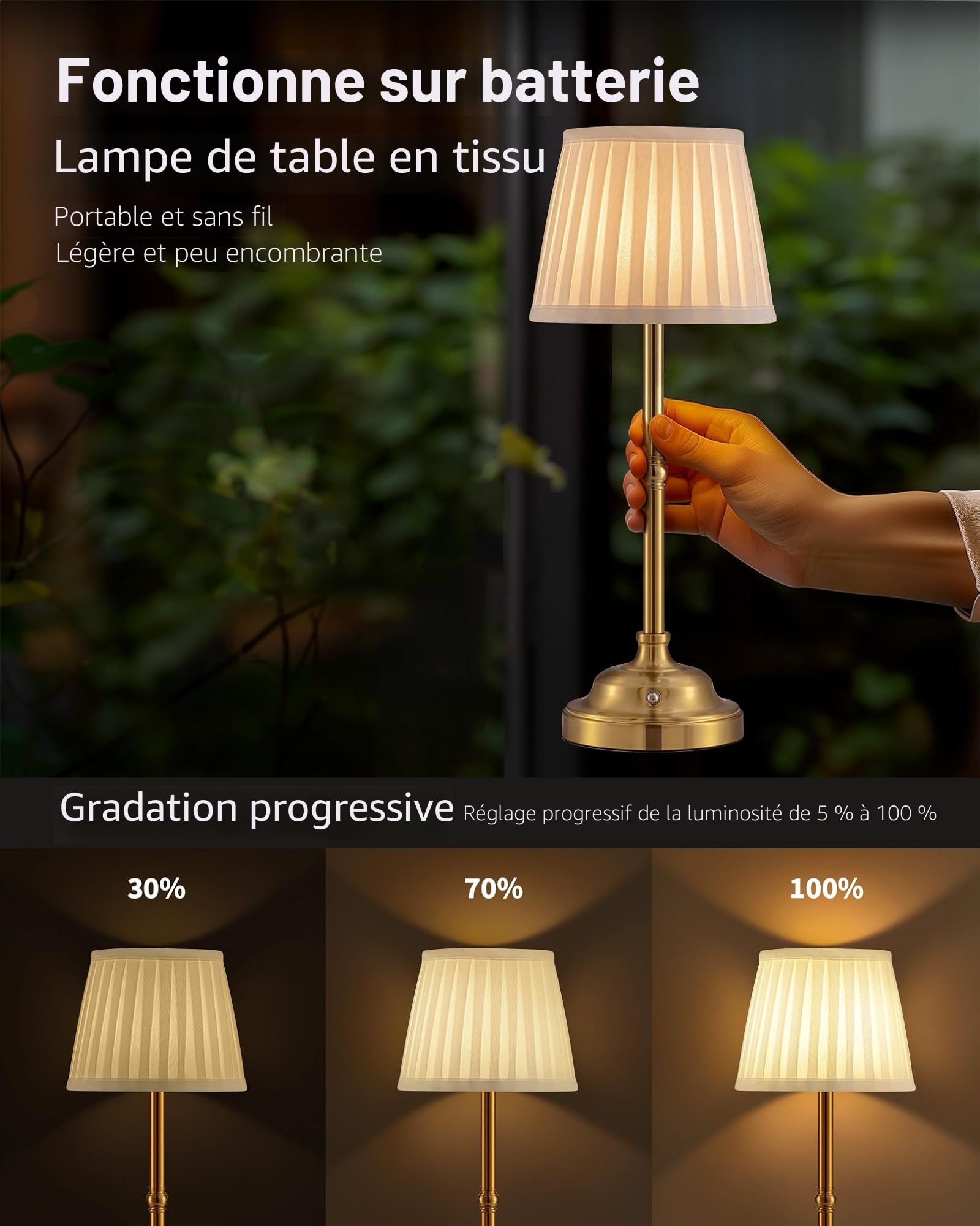 Lampe de table LED sans fil à intensité variable - Lampe de chevet rétro - Batterie - 4000 mAh - Convient pour l'intérieur, l'extérieur, le bar, le salon (abat-jour doré + beige)