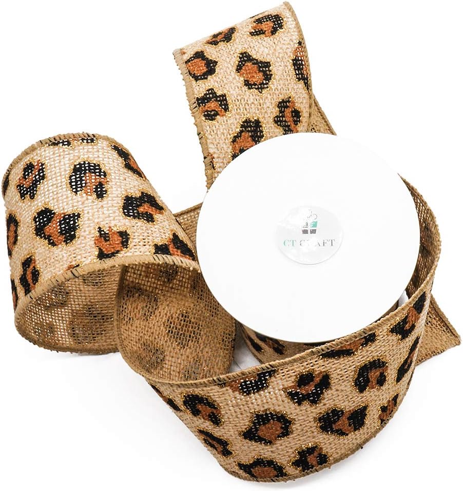 CT CRAFT LLC Burlap Leopard Wired Ribbon, 2.5" x 5 Yards x 1 Rolls - Natural, Christmas, Home Decor, Gift Wrapping, Tree Topper Bow, Wreath, DIY Crafts
