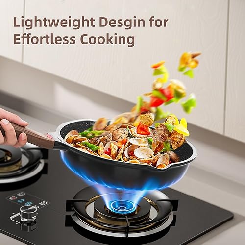 Miniatura 5 de Vinchef Juego de sartenes antiadherentes, sartén de cerámica de 10 y 12 pulgadas con tapa, sartén profunda y sartén para saltar, sin PFAS PFOA y