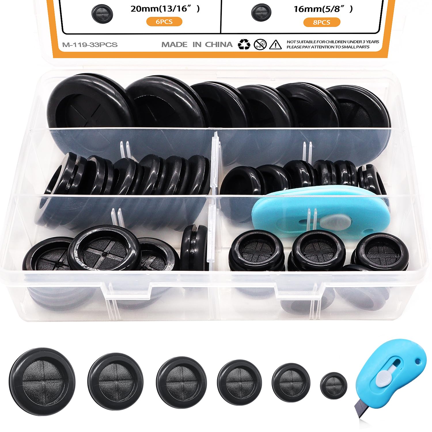 mankk 33-Pc Rubber Grommet Kit, 6 Sizes (5/8" to 1-1/2"), Double-Sided Hole Plugs + Utility Knife for Cable Protection